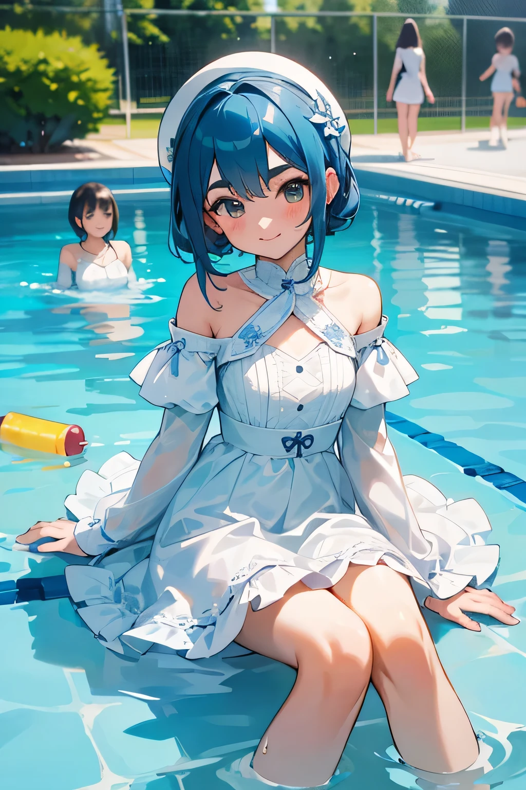 highest quality、High resolution、Detailed Background、(Beautiful face in every detail:1.4)、Anatomically correct、(Detailed facial expressions)、(Detailed eyes:1.2)、(Detailed eyes:1.2)、Teenage beauty、Cute color hair color、Cute hairstyle、well-groomed eyebrows、In a joking manner、A big smile、Cute gestures、Fit on one screen、Pools and other water play spots、(Three girls playing:1.5)、

Splashing and floating in the water、By the pool、Children are happily swimming on swim rings and pool toys floating in the center of the pool.、Stand on the edge of the pool and jump with your friends, holding hands、sitting on the edge of the pool with feet in the water、Water gun and water balloon fights in the pool、Splashes of water, smiles and friendship、
The white dress with lace design gives an elegant and sophisticated impression.、Lace on the sleeves and chest will add a more glamorous touch.、This simple and sporty white mini dress is perfect for active teenage girls.、
A white dress with off-the-shoulder and frills will accentuate your femininity while also creating a cute look.
