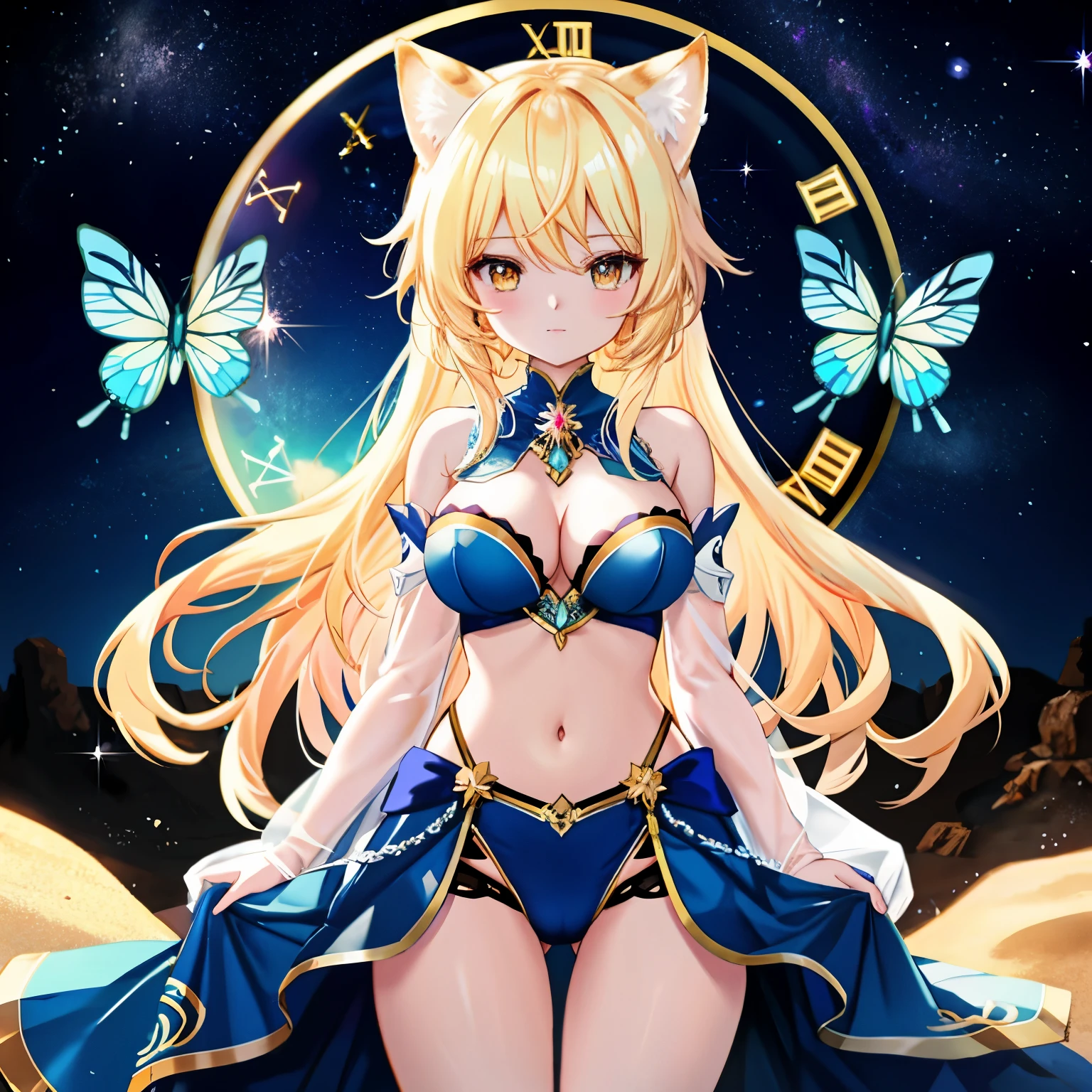 **Pronto**: Depicts an anime girl with blonde hair and sand cat ears. Blue butterflies can be seen around her. A clock with a sky and galaxy theme is also drawn in the background. BREAK
**Resolution**: High resolution (HD, 4K, 8K, 16K), color bit depth 24 bits, 48 bits BREAK
**Image quality**: Detailed rendering of light and shadow for realism within anime style BREAK
**Quality**: Detailed artwork with attention to texture and lighting
**Style**: anime goddess, portrait zodiac knight girl, highly detailed art gem, zodiac knight girl, enchanting anime girl, Genshin Impact Keqing BREAK
Body shape and complexity: cleavage (between breasts), erection of nipple, hanging breasts, armpits, bare shoulders, breasts, caustics, collarbones, huge breasts, sagging breasts, moles, skin depressions, stomach, thighs, moistwith, Sleek body structure, well-styled clothes, smooth skin texture on the legs BREAK
Color: Gold, Blue, Green (Main) Light Blue, Yellow, Silver, Deep Red (Sub) BREAK
Worldview: BREAK, a fusion of manga and anime