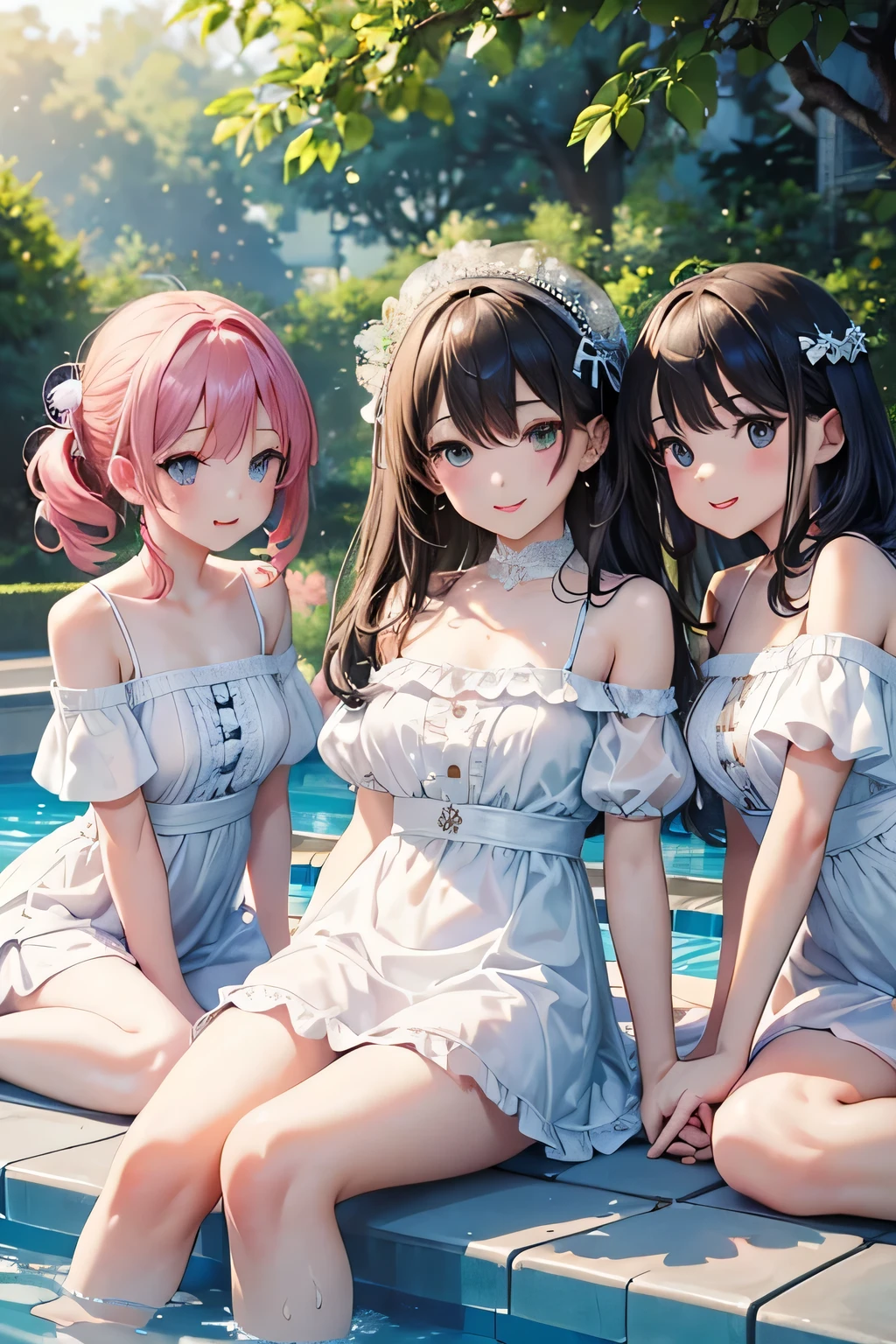 highest quality、High resolution、Detailed Background、(Beautiful face in every detail:1.4)、Anatomically correct、(Detailed facial expressions)、(Detailed eyes:1.2)、(Detailed eyes:1.2)、Teenage beauty、Cute color hair color、Cute hairstyle、well-groomed eyebrows、In a joking manner、A big smile、Cute gestures、Fit on one screen、Pools and other water play spots、(Three girls playing:1.5)、
Splashing and floating in the water、By the pool、Children are happily swimming on swim rings and pool toys floating in the center of the pool.、Stand on the edge of the pool and jump with your friends, holding hands、sitting on the edge of the pool with feet in the water、Water gun and water balloon fights in the pool、Splashes of water, smiles and friendship、
The white dress with lace design gives an elegant and sophisticated impression.、Lace on the sleeves and chest will add a more glamorous touch.、This simple and sporty white mini dress is perfect for active teenage girls.、
A white dress with off-the-shoulder and frills will accentuate your femininity while also creating a cute look.