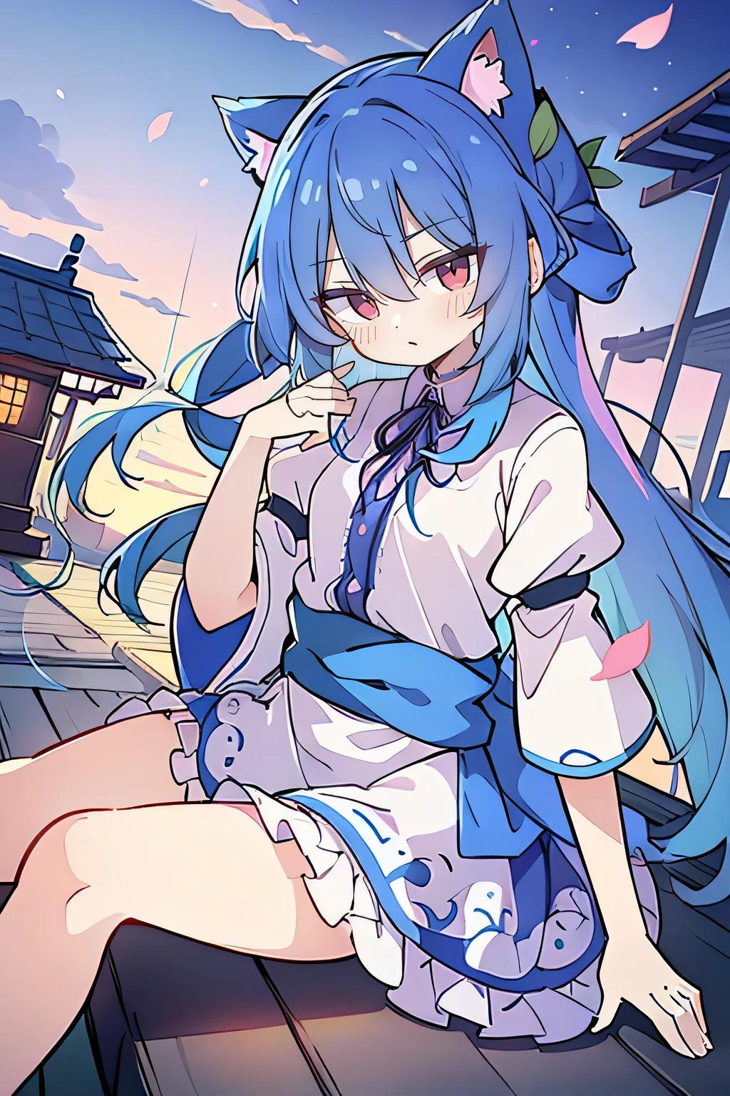 (masterpiece:1.2),Super detailed,Practical,expressive eyes,Fair skin,Perfect face shaping,1 Girl,
Japanese cartoons,Gorgeous blue hair, the long flowing blue hair,Floating clothes,Cat ears,Petals falling,beautiful lola,Young Angel,
Hands on waist,sit elegantly on the ground,Cross your legs,Gentle and peaceful background,Cool and cozy pavilion,Sunset,