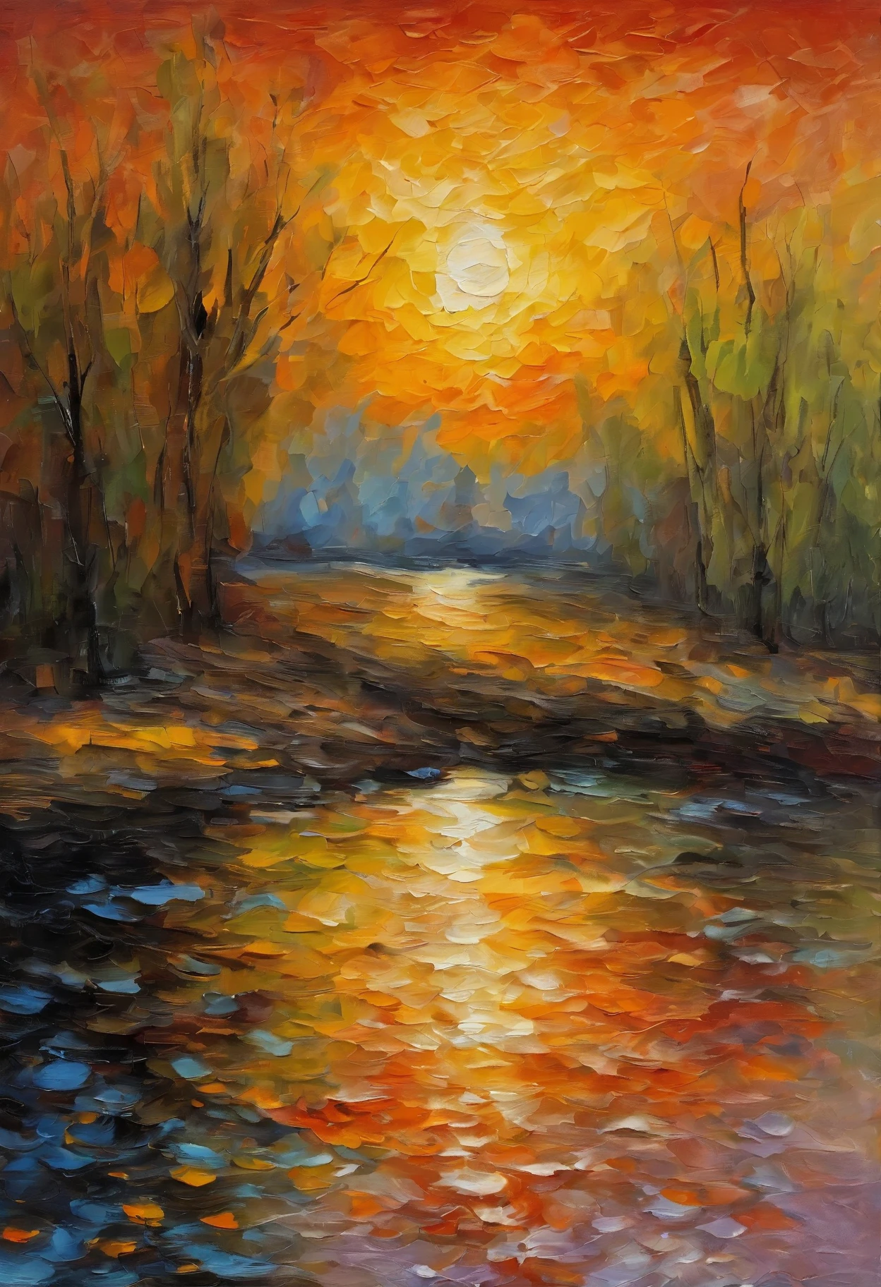 Claude Monet style，River bank，pier，Sunset，Reflection，vessel，Sparkling，Bright colors，Light and shadow，Oil painting texture，Rich in details