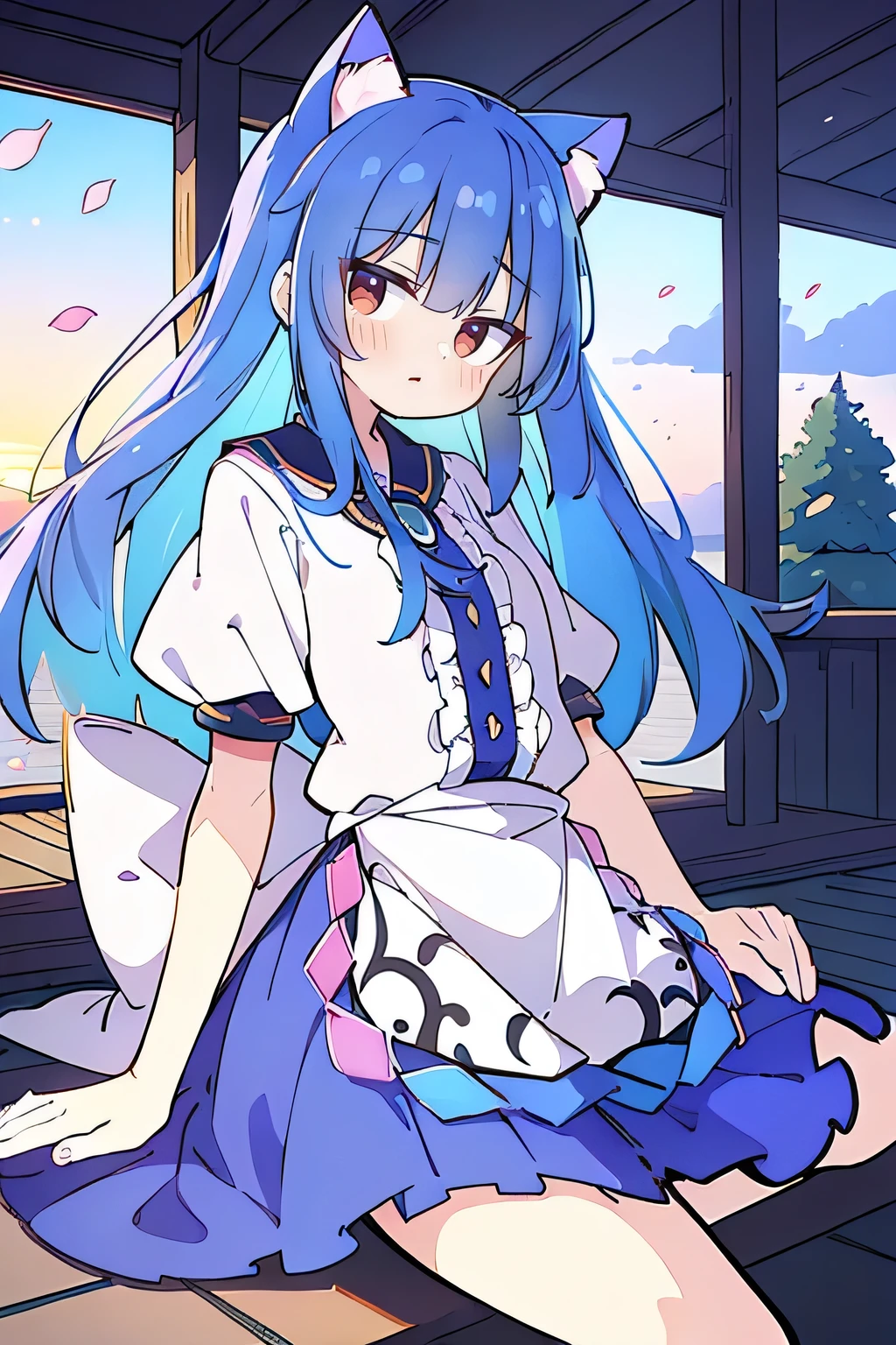 (masterpiece:1.2),Super detailed,Practical,expressive eyes,Fair skin,Perfect face shaping,1 Girl,
Japanese cartoons,Gorgeous blue hair, the long flowing blue hair,Floating clothes,Cat ears,Petals falling,beautiful lola,Young Angel,
Hands on waist,sit elegantly on the ground,Cross your legs,Gentle and peaceful background,Cool and cozy pavilion,Sunset,