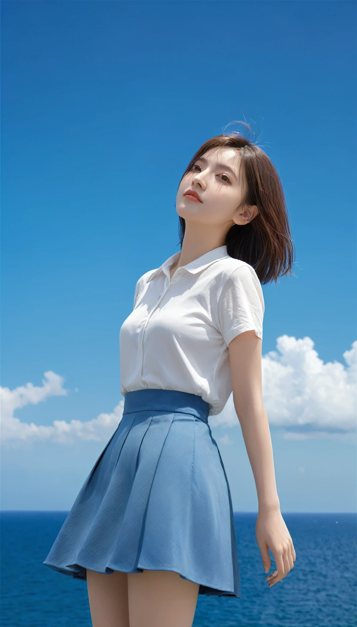 1 girl,Solitary,Blue sky, ocean, Short skirt, (Very detailed background:1.0), (Very detailed background:1.0),
