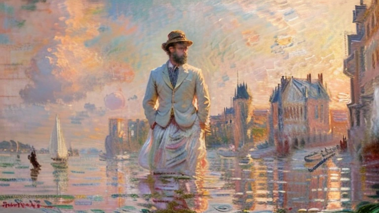 Impressionism, (Claude Monet Style), Impressionism, Soft Light, Pale colors, Artistic, Glasses, beard, male, landscape, nature, elegant, delicate, Calm, Romantic, Blur effect, soft, dreamy, Color harmony, poetic, Impression, Twilight, Picturesque, Beautiful background, Fusion, elegant, Classic, authentic, Sophisticated, Black cat