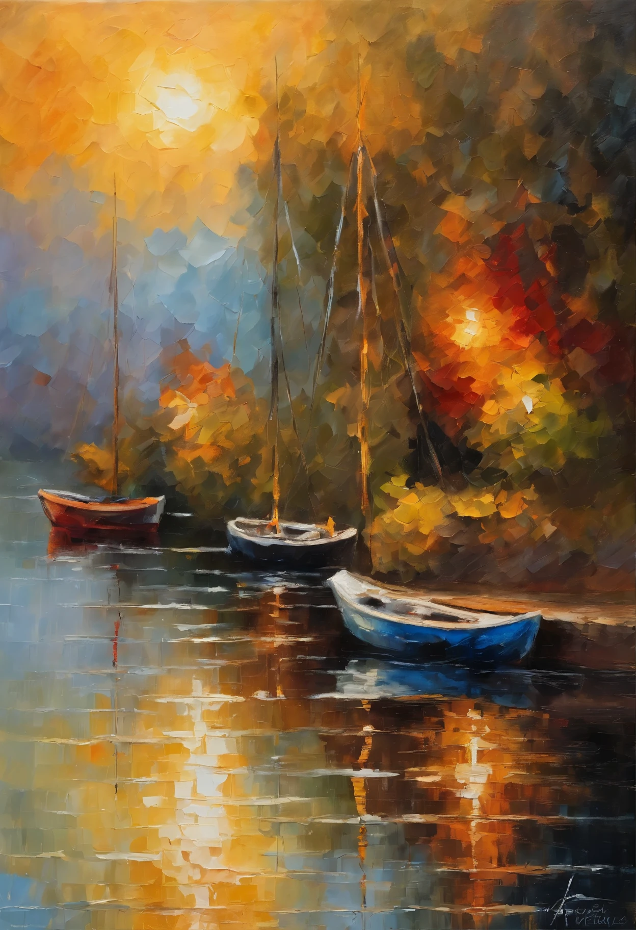 Claude Monet style, riverbank, dock, sunset, reflection, boats, shimmering waves, vibrant colors, interplay of light and shadow, oil painting texture, rich details,ultra-detailed, (realistic,photorealistic,photo-realistic:1.37), HDR,UHD,studio lighting,ultra-fine painting,sharp focus,physically-based rendering,extreme detail description,professional,vivid colors,bokeh, portraits,landscape, (watercolor:0.9),cool tones, warm hues, soft sunlight, (golden hour), sunbeam.