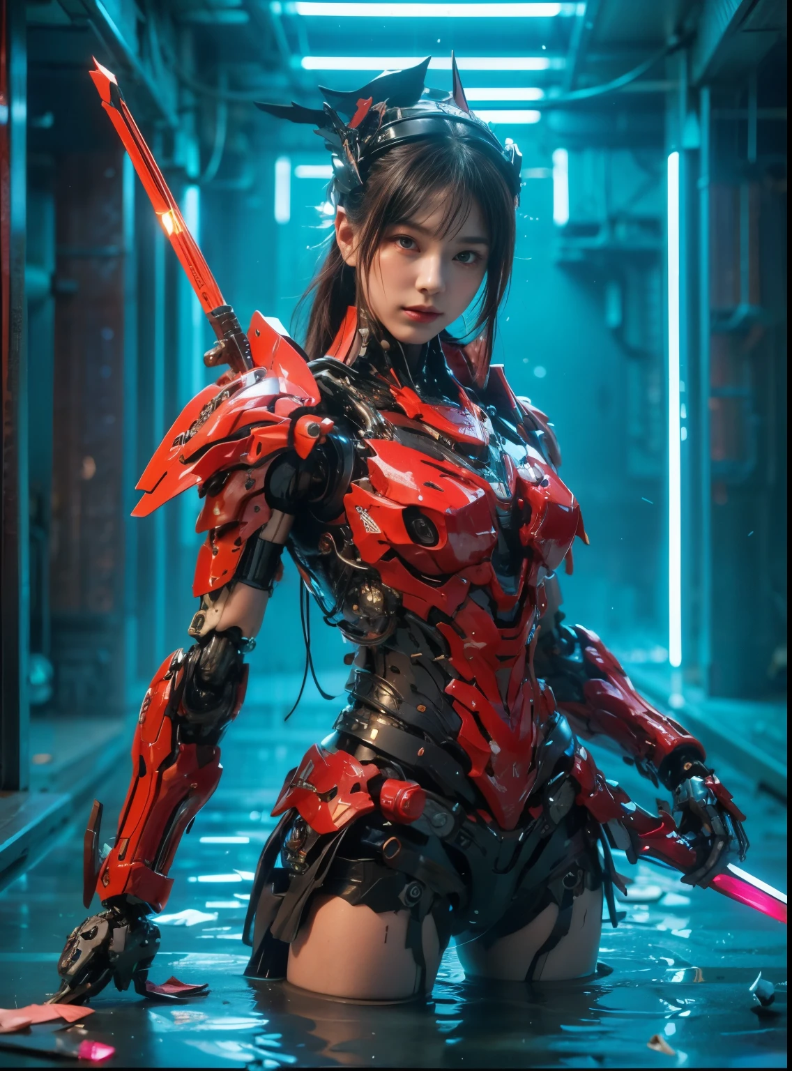 (top-quality:1.2, masterpiece)、ultra high resolution、extremely ultra surrealism, (Photorealsitic:1.4)、Raw photo、(Steampunk Battle Cyborg fallen angel)、(large mechanical bat wings)、black porcelain body、red  hair、glowy skin、1 Cyborg girl、(mechanical frame:1.3)japanese, extremely cute face,  ((super realistic details))、portrait、globalillumination、Shadow、octan render、8K、ultrasharp、character edge light、Details of complex ornaments、Acrylic Clear Cover、Sumerian details、Hydraulic cylinder、Small LED lamp、highly intricate detail、Realistic light、a purple eye、radiant eyes、Facing the camera、neon details、cowboy  shot、Futuristic headgear、About Cyberpunk