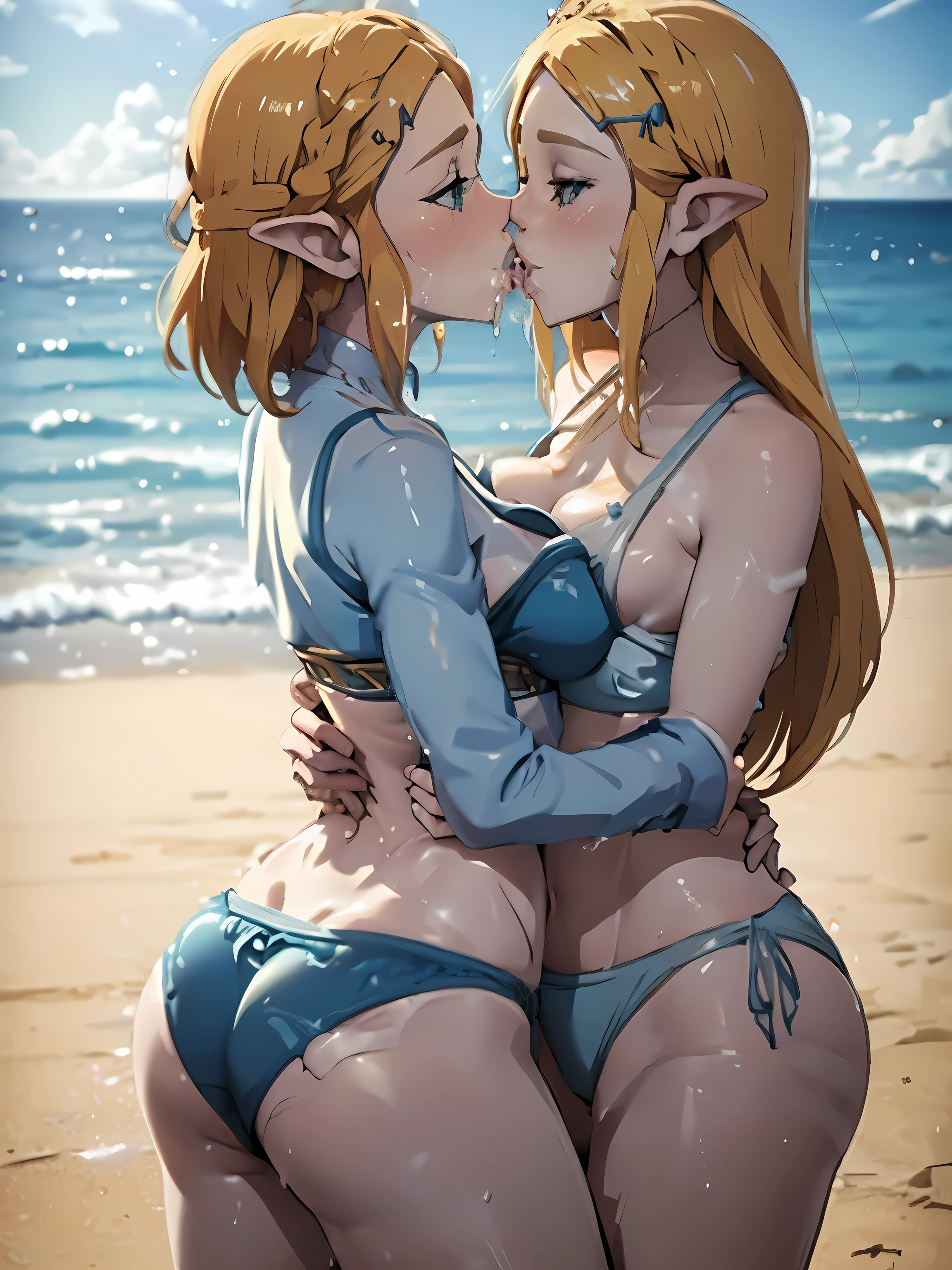 two princess zeldas kissing each other, on beach, in sexy blue bikinis, big breasts, big butt, beachside view, wet