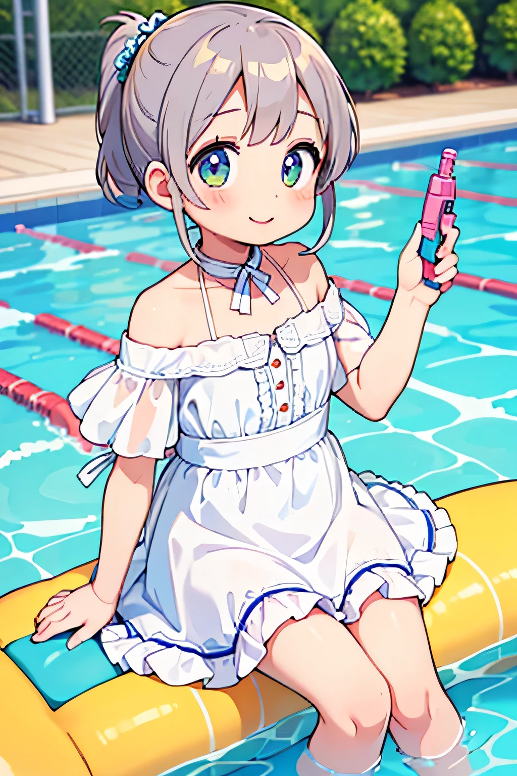 highest quality、High resolution、Detailed Background、(Beautiful face in every detail:1.4)、Anatomically correct、(Detailed facial expressions)、(Detailed eyes:1.2)、(Detailed eyes:1.2)、Teenage beauty、(Highly detailed face:1.4)、Cute color hair color、Cute hairstyle、well-groomed eyebrows、In a joking manner、A big smile、Cute gestures、Fit on one screen、Pools and other water play spots、
Splashing and floating in the water、By the pool、Children are happily swimming on swim rings and pool toys floating in the center of the pool.、Stand on the edge of the pool and jump with your friends, holding hands、sitting on the edge of the pool with feet in the water、Water gun and water balloon fights in the pool、Splashes of water, smiles and friendship、
The white dress with lace design gives an elegant and sophisticated impression.、Lace on the sleeves and chest will add a more glamorous touch.、This simple and sporty white mini dress is perfect for active teenage girls.、
A white dress with off-the-shoulder and frills will accentuate your femininity while also creating a cute look.