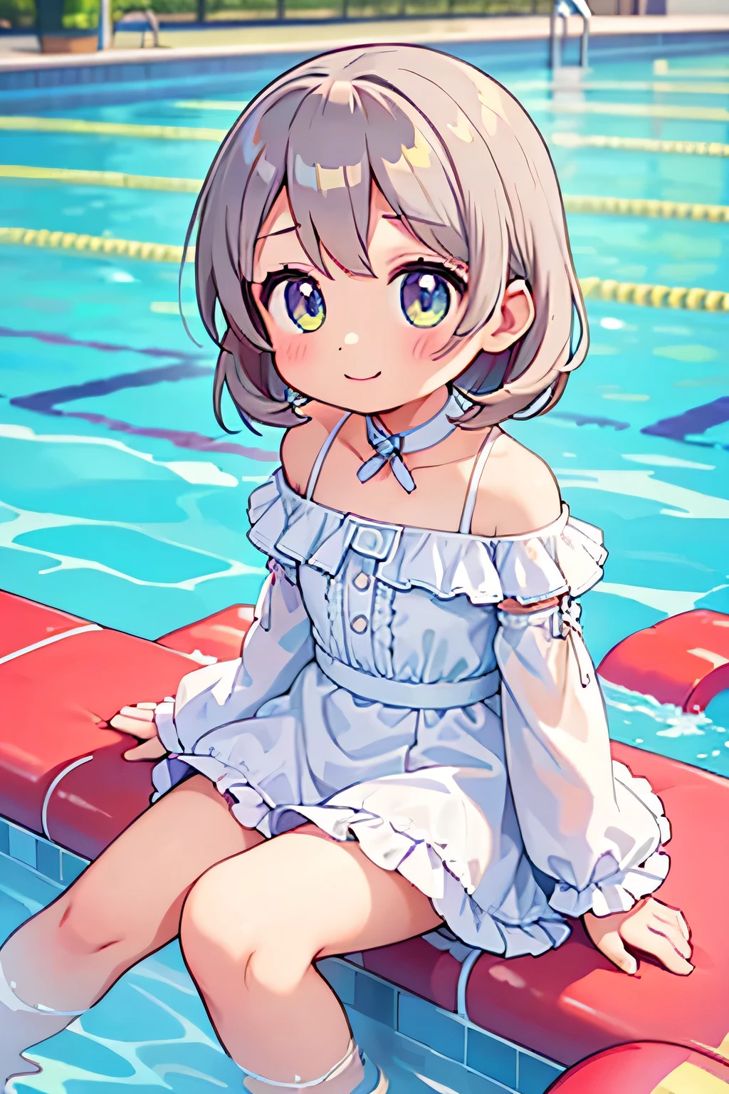highest quality、High resolution、Detailed Background、(Beautiful face in every detail:1.4)、Anatomically correct、(Detailed facial expressions)、(Detailed eyes:1.2)、(Detailed eyes:1.2)、Teenage beauty、(Highly detailed face:1.4)、Cute color hair color、Cute hairstyle、well-groomed eyebrows、In a joking manner、A big smile、Cute gestures、Fit on one screen、Pools and other water play spots、
Splashing and floating in the water、By the pool、Children are happily swimming on swim rings and pool toys floating in the center of the pool.、Stand on the edge of the pool and jump with your friends, holding hands、sitting on the edge of the pool with feet in the water、Water gun and water balloon fights in the pool、Splashes of water, smiles and friendship、
The white dress with lace design gives an elegant and sophisticated impression.、Lace on the sleeves and chest will add a more glamorous touch.、This simple and sporty white mini dress is perfect for active teenage girls.、
A white dress with off-the-shoulder and frills will accentuate your femininity while also creating a cute look.