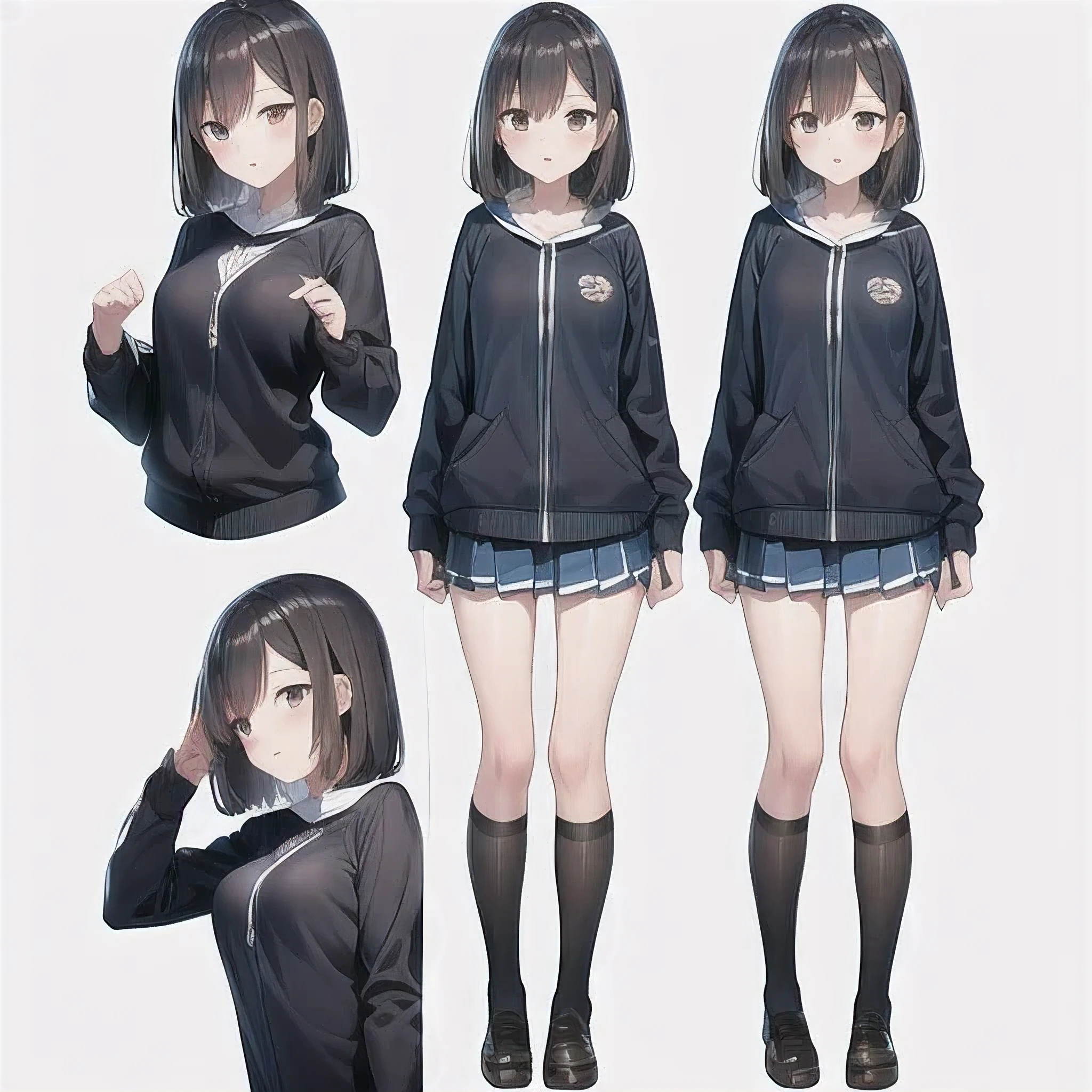 Original character sheet, Pose reference,In one pose. 8k,high quality, High resolution, 4K, hd,(Well designed face), Great face, (Very detailed), Beautiful Eyes, All images must be full body, A total of 3 images are required, Front view, Use manga style, All photos must be of the same girl, All sizes required,,uniform,high school girl,8k,high quality, High resolution, 4K, hd,(Well designed face), Great face, (Very detailed), Beautiful Eyes, All images must be full body,,Thick thighs, (Japanese scholar&#39;s uniform), You must write the whole body,Anime Style,, You must write the whole body,