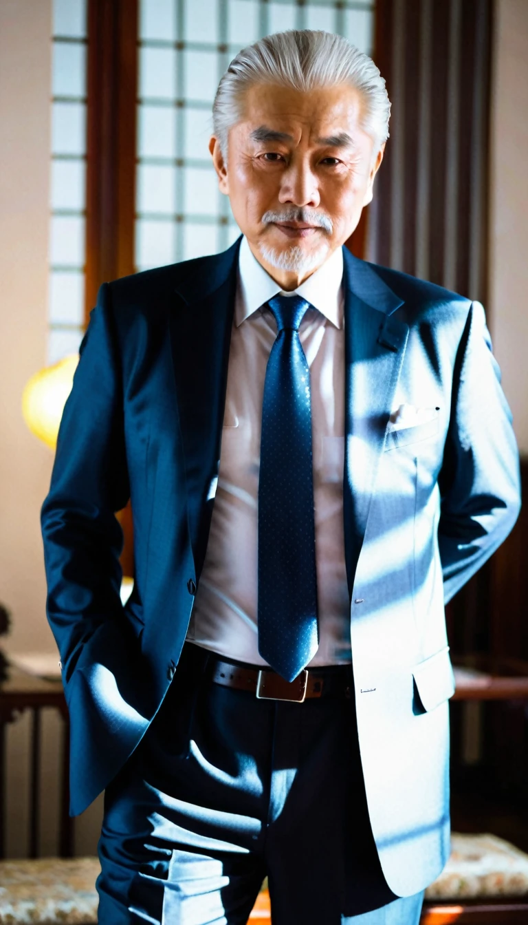 A Chinese white-haired grandfather in a suit and tie,in the room,Undress,Showing his body in various poses