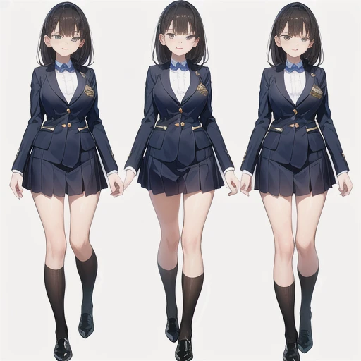 Original character sheet, Pose reference,In one pose. 8k,high quality, High resolution, 4K, hd,(Well designed face), Great face, (Very detailed), Beautiful Eyes, All images must be full body, A total of 3 images are required, Front view, Use manga style, All photos must be of the same girl, All sizes required,,uniform,high school girl,tie,8k,high quality, High resolution, 4K, hd,(Well designed face), Great face, (Very detailed), Beautiful Eyes, All images must be full body,,Thick thighs, (日本の学者のuniform), You must write the whole body,Anime Style,, You must write the whole body,