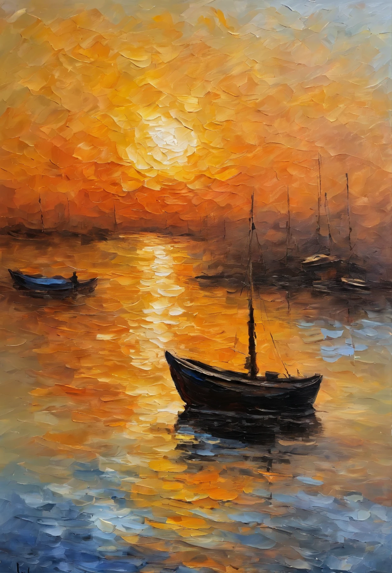 Claude Monet style，sunrise，port，fishing boat，Sea surface reflection，Warm tones，Light and shadow，Water and sky，Oil painting texture