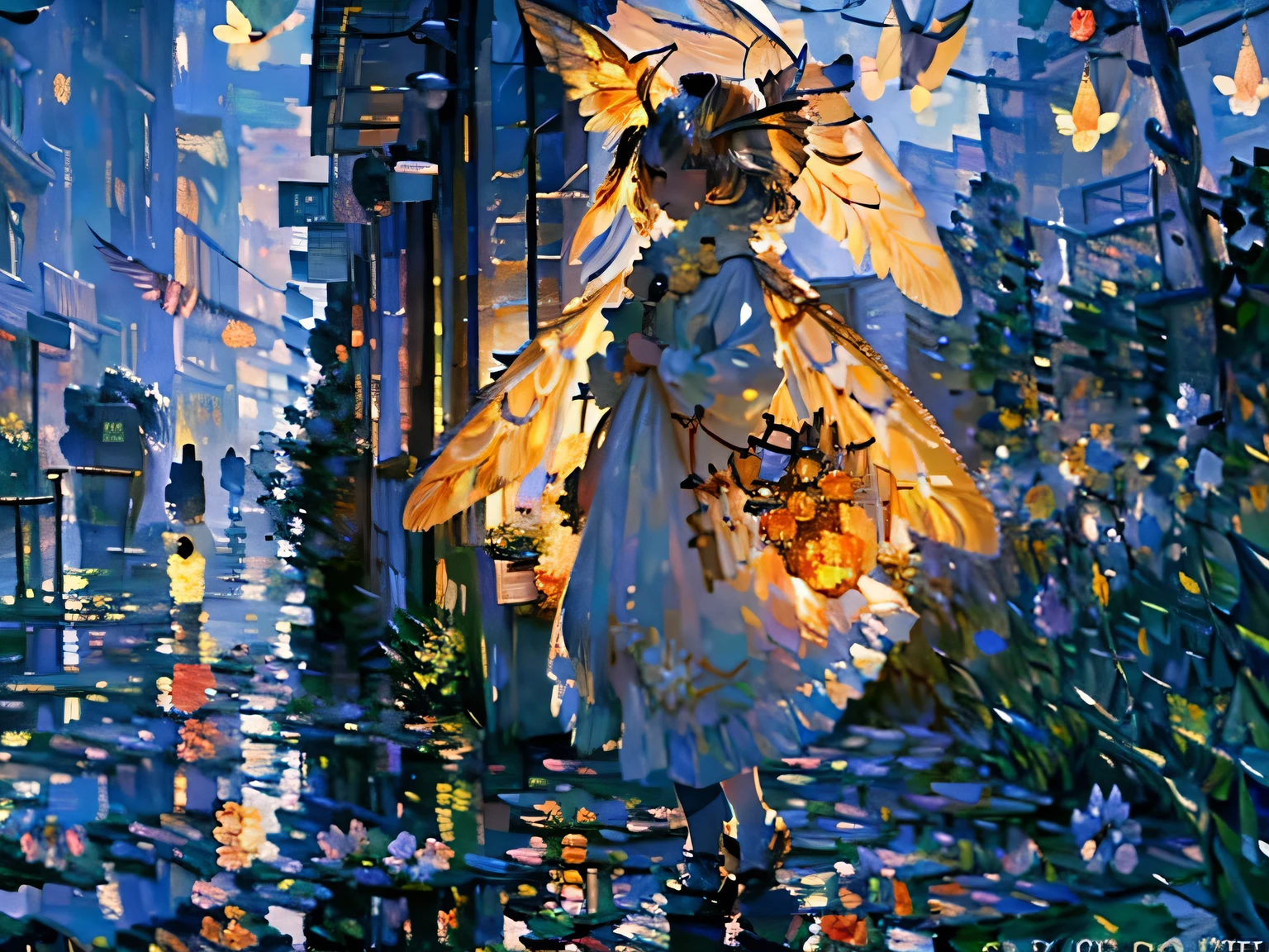 (art by Claude Monet:1.6),Impressionism,leinairisme,solo,1female\(cute,kawaii,,skin color white,short white hair,(big moth wing hair:1.7),white dress\(beautiful race\),(2moth antennaes at hair:1.8),[moth wing on back:2.0],[moth wing on body:2.0],[moth wings:2.0],[extra arm],moth wing is only at hair,breast,dynamic pose\),background\(night,beautiful moon,beautiful stars,((beautiful street lights))\), BREAK ,quality\(8k,wallpaper of extremely detailed CG unit, ​masterpiece,hight resolution,top-quality,top-quality real texture skin,hyper realisitic,increase the resolution,RAW photos,best qualtiy,highly detailed,the wallpaper,cinematic lighting,ray trace,golden ratio,\),dynamic angle,[watermark]