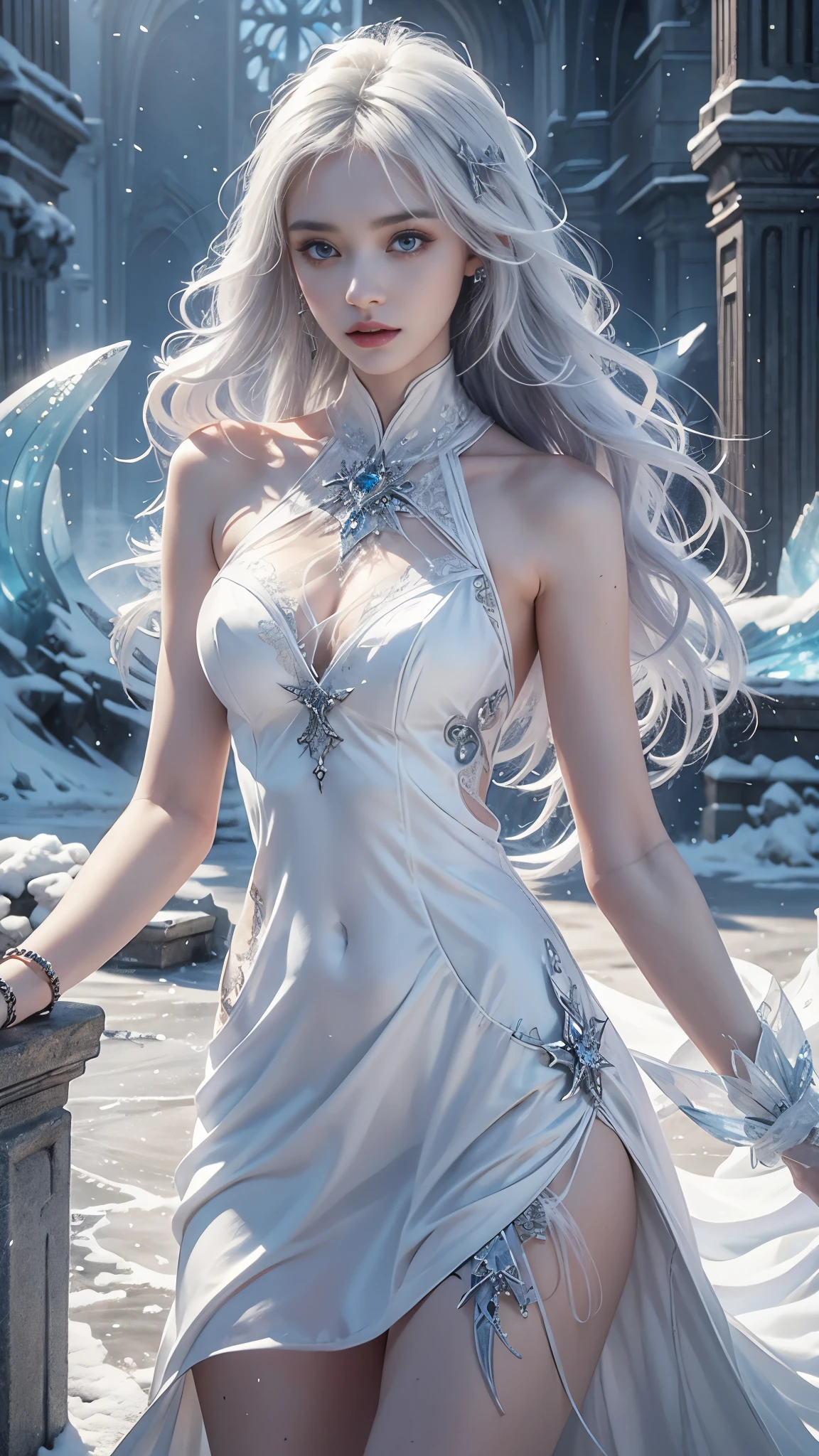Top quality work，Photorealistic works，Ultra Premium Graphics，8K HD CG works，High-quality graphics，High-definition fine CG works，10x pixel，Ultra-fine details：1.1，Advanced technical details：1.1Photographically realistic，Indoor lighting effects：1.5，Natural light：1.5. light effect（Virtual Light Effects：1.8），超A high resolution，Shiny Blue Dress，Long silver hair，Silver hair，Transparent hair，High Detail Hair（Premium Hair Detail：1.1）Clear eyes，Good looking double eyelids，Sharp eye makeup, Delicate makeup for eyelashes, Thin eyebrows, ultradetailed eyes，High Nose, lovely red lips, Rose cheeks, Face with delicate makeup , Pretty Face, A perfectly proportioned face,（Advanced facial details：1.1）Collection of shiny blue luxury dresses，Blue Sequin Dresses，Sequin coat，shiny，Tight long skirt，Summer Sexy Hip Wrap Fishtail Sleeveless Commuter Maxi，Horse Stockings 100%Oil Gloss Panst Gloss Silk Luster 8D Black Silk Woman，stiletto heels，mitts，Beautiful long dresses，wonderful dress，Bright Red Series，Haute Couture Dresses Collection，Dress Photography，Authentic dress works，In the banquet hall，Women's Artwork，full-body view，Goddess of Dress，真实感，amazing，Today's eyes are bright