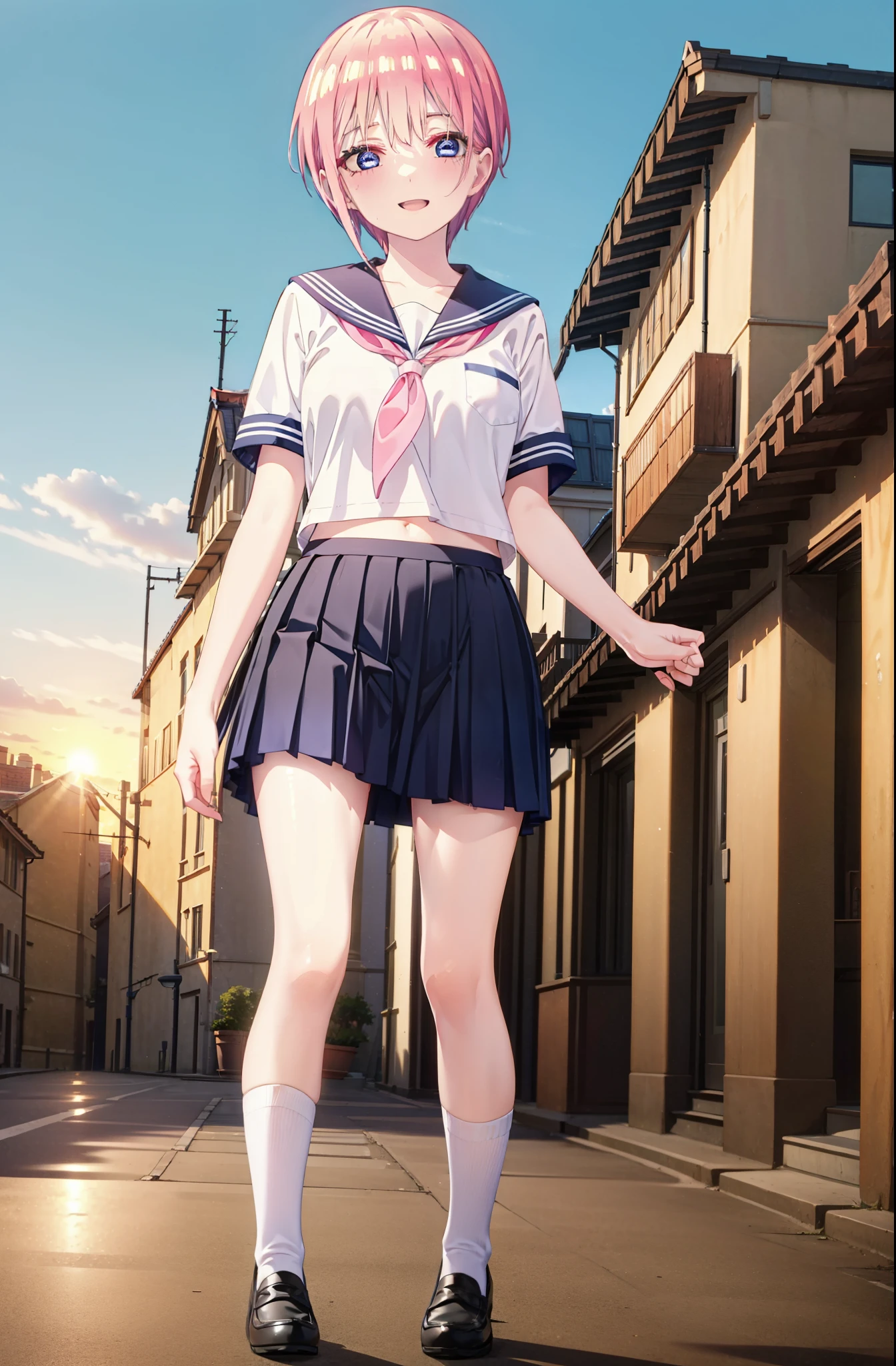 ichikanakano, ichika nakano, short hair, bangs, blue eyes, Hair between the eyes, Pink Hair, smile,happy smile, smile, Open your mouth,Big Breasts,Japanese schoolgirl(Red Sailor Suit),Short sleeve,Black pleated skirt,White knee socks,Brown Loafers,evening,Sunset,The sun is setting,sunny,whole bodyがイラストが入るように,Looking up from below,Walking,
break outdoors, In town,Building district,
break looking at viewer, whole body,
break (masterpiece:1.2), highest quality, High resolution, unity 8k wallpaper, (shape:0.8), (Beautiful details:1.6), Highly detailed face, Perfect lighting, Highly detailed CG, (Perfect hands, Perfect Anatomy),