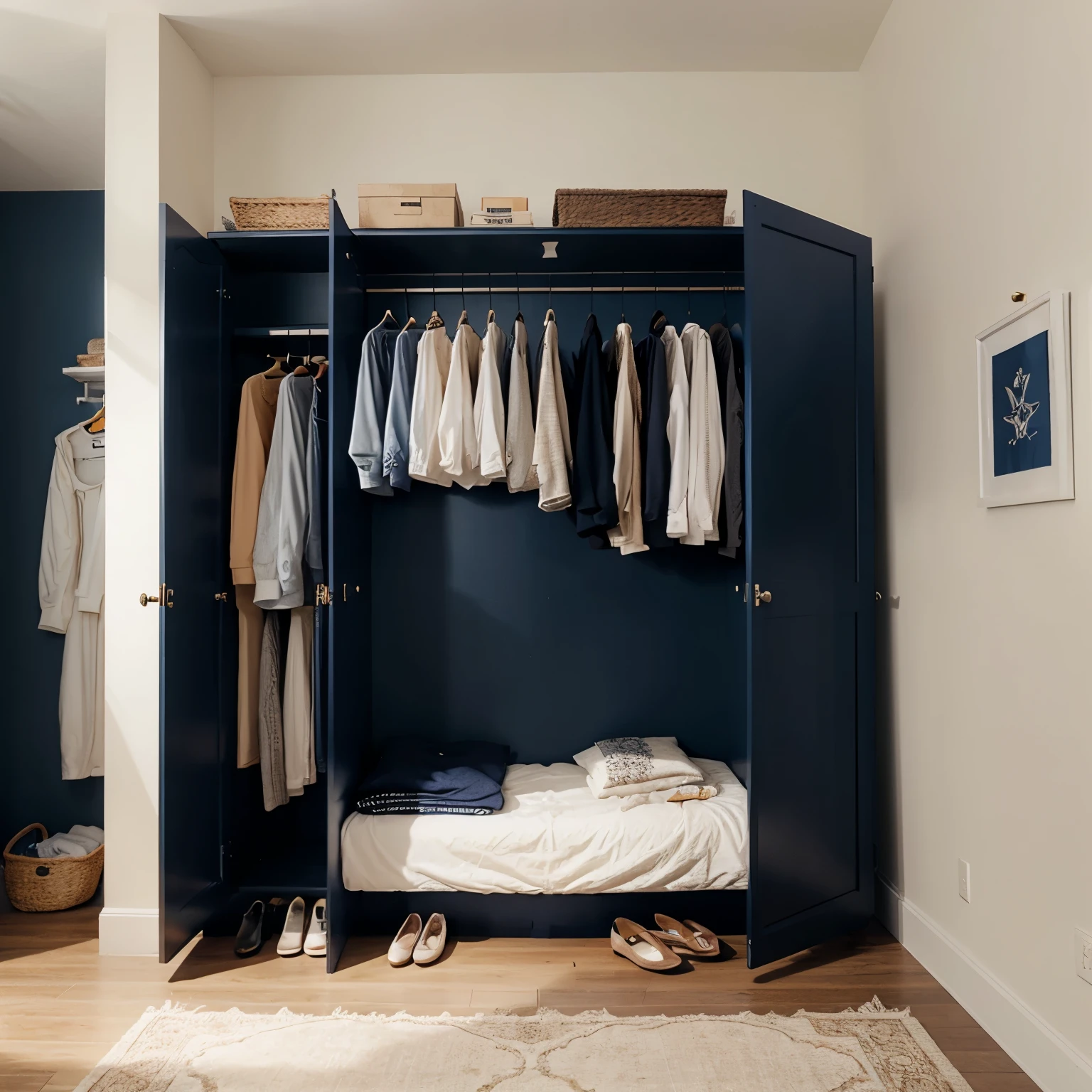 Bedroom wardrobe, slider, navy blue and mango color