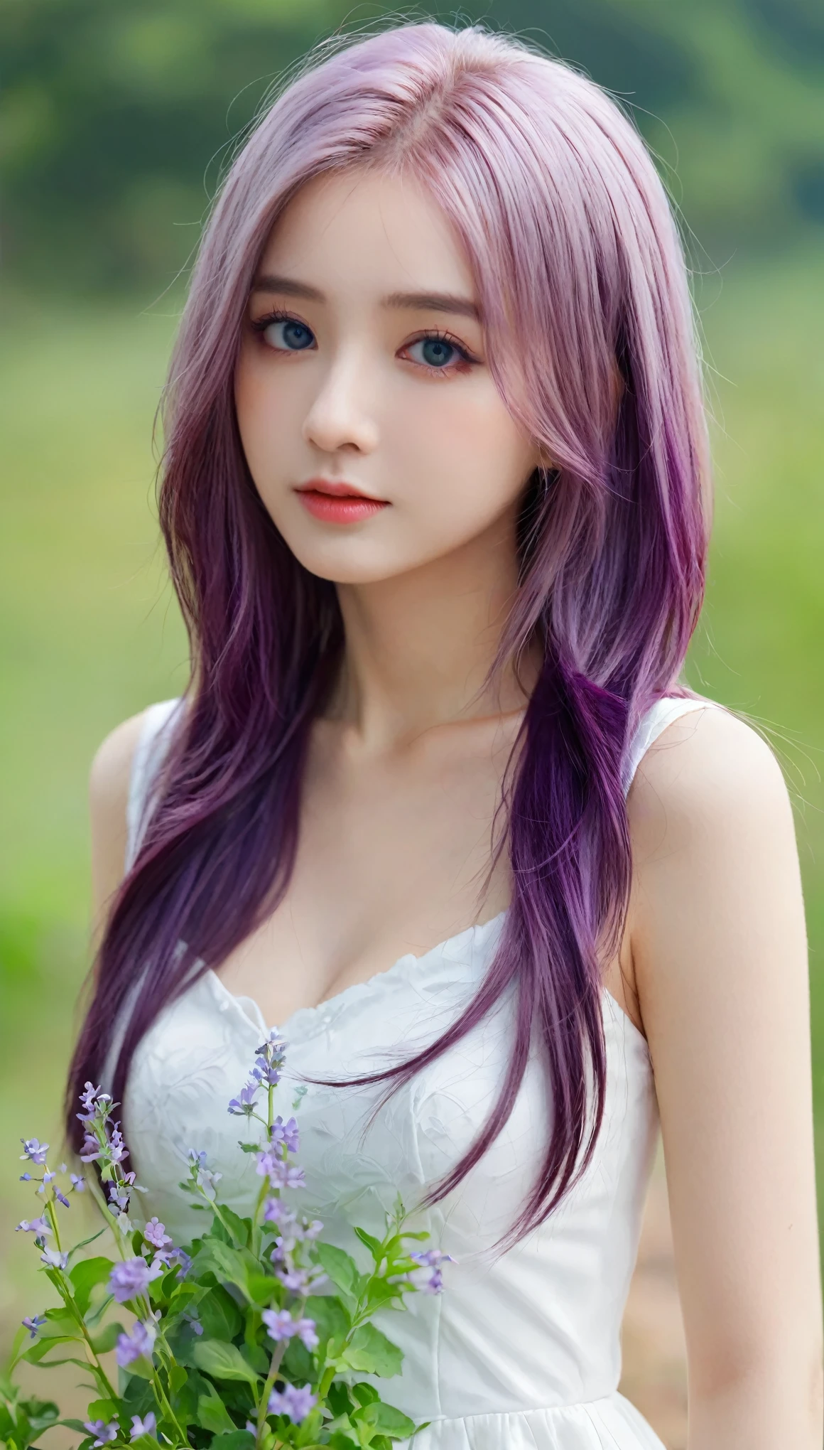 best quality, high quality, A cute girl, Solitary, Beautiful purple hair, Beautiful purple eyes, A faint smile,