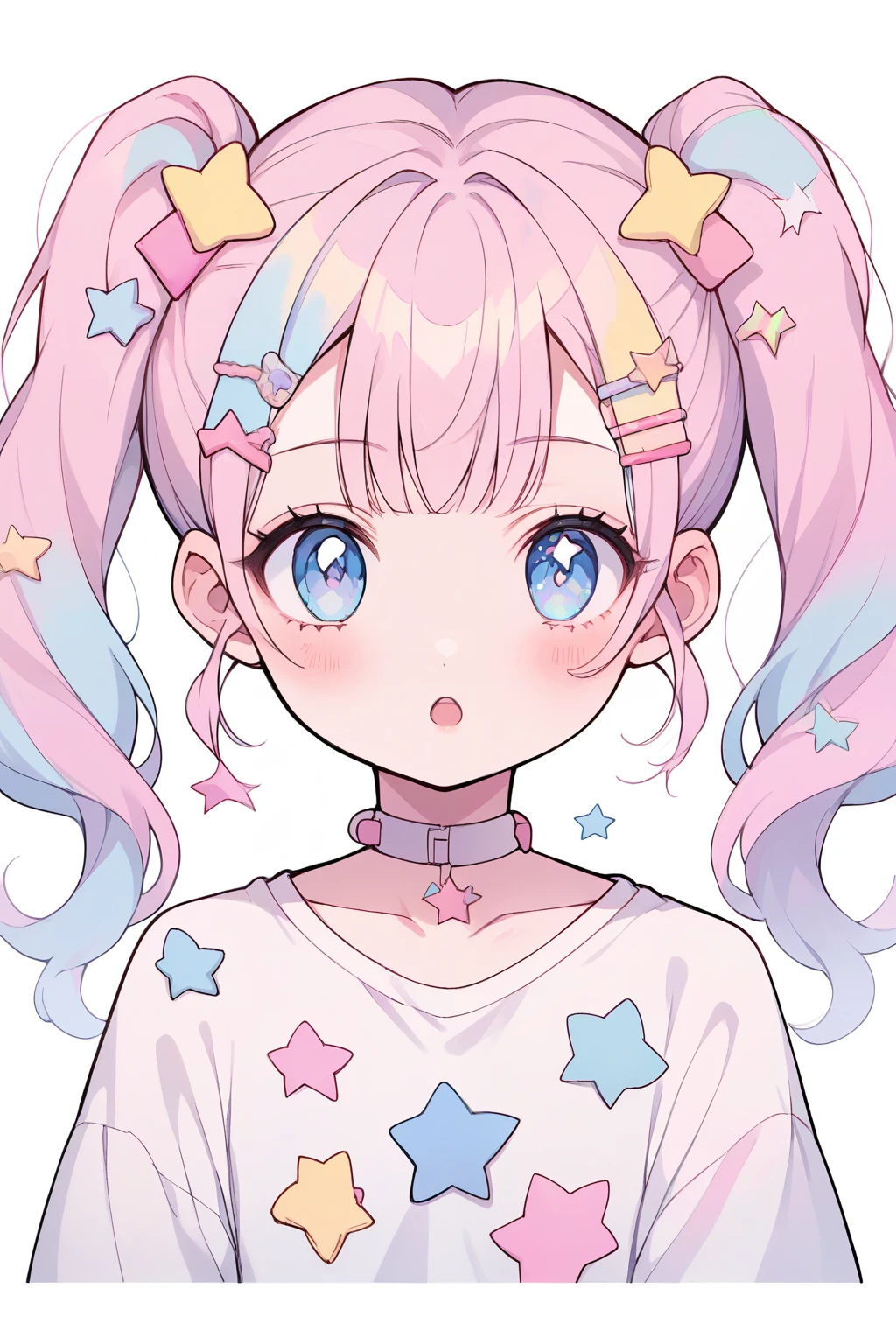 neondskdrmsxl, score_9_climb, score_8_climb, score_7_climb, score_6_climb, 1 girl, alone, pastel colors, open mouth, long hair, star , (mark), star hair accessories, hair accessories, Twintail, look at viewer, blue eyes, pastel neon lighting, source_anime, neon, neon theme , white background Distance from edge of top half