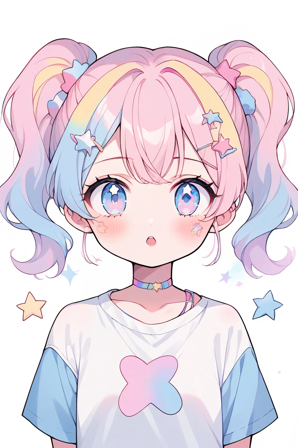 neondskdrmsxl, score_9_climb, score_8_climb, score_7_climb, score_6_climb, 1 girl, alone, pastel colors, open mouth, long hair, star , (mark), star hair accessories, hair accessories, Twintail, look at viewer, blue eyes, pastel neon lighting, source_anime, neon, neon theme , white background Distance from edge of top half