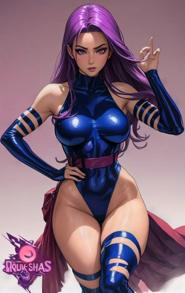 Psylocke with big breasts and long beautiful legs is standing with her eyes wide open and blushing.。Both legs spread out to the side。