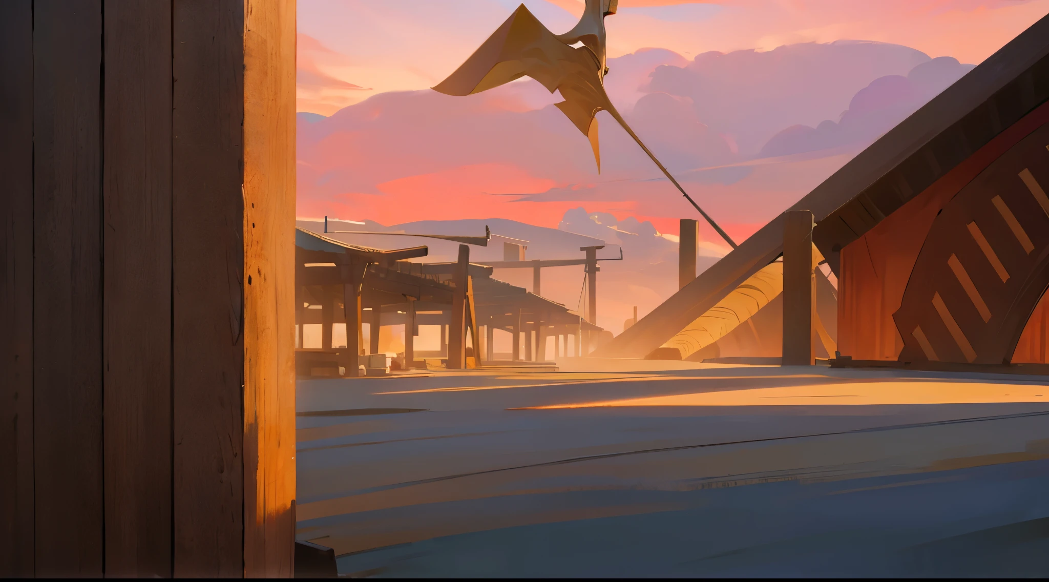 wooden wall, traditional market, sand ground, cloudy daybreak sky, dawn sky, row of market tents, market stalls, super giant stone behind the market, giant horn bone,
