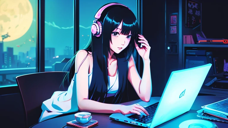 Anime girl sitting in front of a laptop with headphones on, Anime drawings inspired by Liam Wong, Topics on pixiv, computer art, LOFI Girl, Lofi Artstyle, LOFI Girl aesthetic, Lofi Art, Lofi Color, Anime Aesthetics, Lo-fi aesthetic, Portrait of Rofi, Lo-fi hip hop, Lo-fi feeling, Anime atmosphere