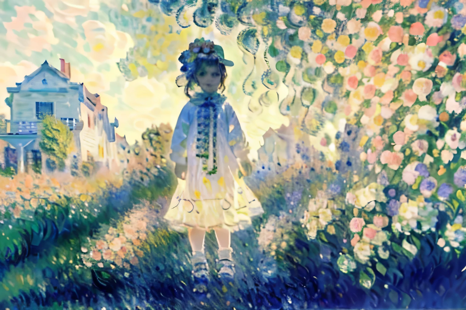 (art by Claude Monet:1.4),Impressionism,leinairisme,solo,1female\(chibi,cute,kawaii,age of 10,hair color white,braid hair,messy hair,eye color gray,big eyes,white skin,(monochrome:1.2),lean on,(full body:1.5)\),background\((many beautiful flowers and petal:1.4),(colorful:1.6),messy tiny room\),double exposure, BREAK ,quality\(8k,wallpaper of extremely detailed CG unit, ​masterpiece,high resolution,top-quality,top-quality real texture skin,hyper realisitic,increase the resolution,RAW photos,best qualtiy,highly detailed,the wallpaper\)