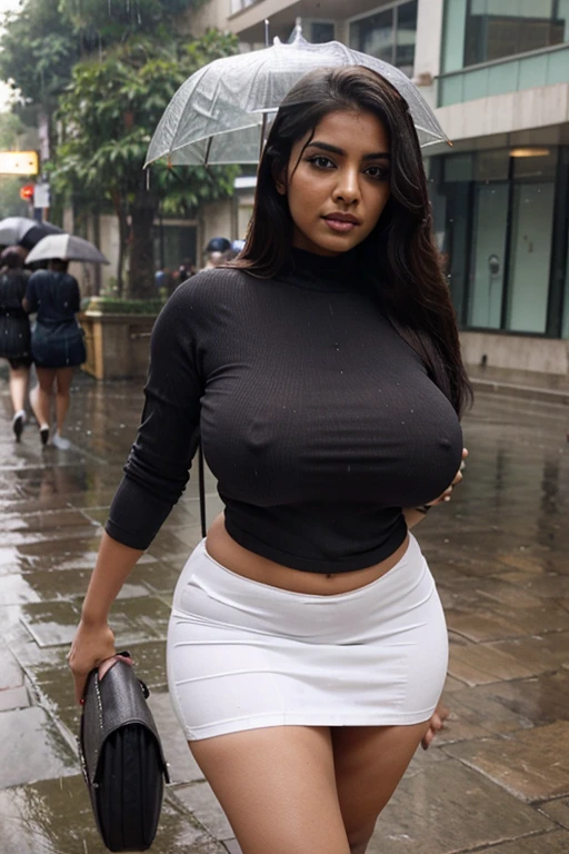 busty indian woman with massive breasts  tight shirt in the rain, short skirt

