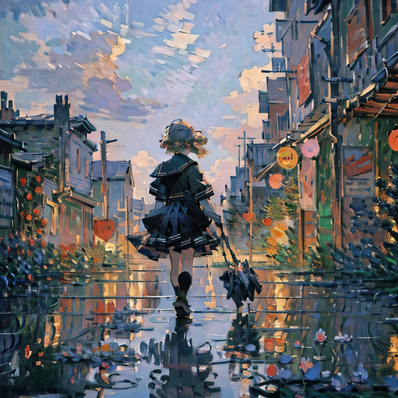 (art by Claude Monet:1.2),Impressionism,leinairisme,quality\(8k,wallpaper of extremely detailed CG unit, ​masterpiece,hight resolution,top-quality,top-quality real texture skin,hyper realisitic,increase the resolution,RAW photos,best qualtiy,highly detailed,the wallpaper,cinematic lighting,ray trace,golden ratio\), BREAK ,solo,1woman\(cute, kawaii,,skin color white,pale skin,smile face,hair floating,hair color blond,short bob hair,eye color cosmic,big eyes,black sailor uniform,walking,view from above:1.8,long shot\),background\(outside,messy slum,view from above,long shot,long view\),(please generate hand correctry when generating hand)