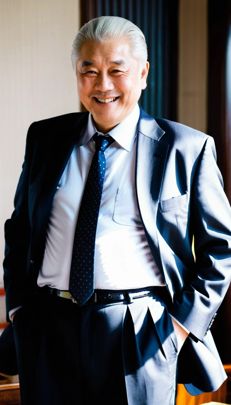 A Chinese white-haired grandfather in a suit and tie，Chubby，Smile，in the room，Undress，Showing his body in various poses