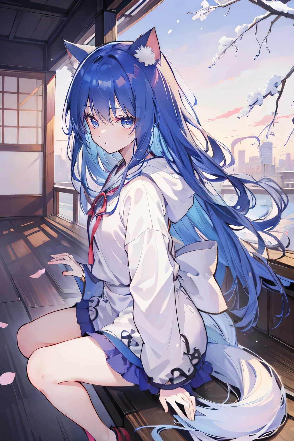 (masterpiece:1.2),Super detailed,lifelike,Expressive eyes,fair skin,perfect face shape,1 girl,
Japanese comics,Gorgeous blue hair,flowing blue hair,flowing clothes,Cat ears,Petals fall,beautiful lola,Baby Angel,sunrise,
Cross your legs,Gentle and peaceful background,The pavilion is cool and comfortable,smile, wearing hoodie, background of tokyo,back views,snowing, winter.