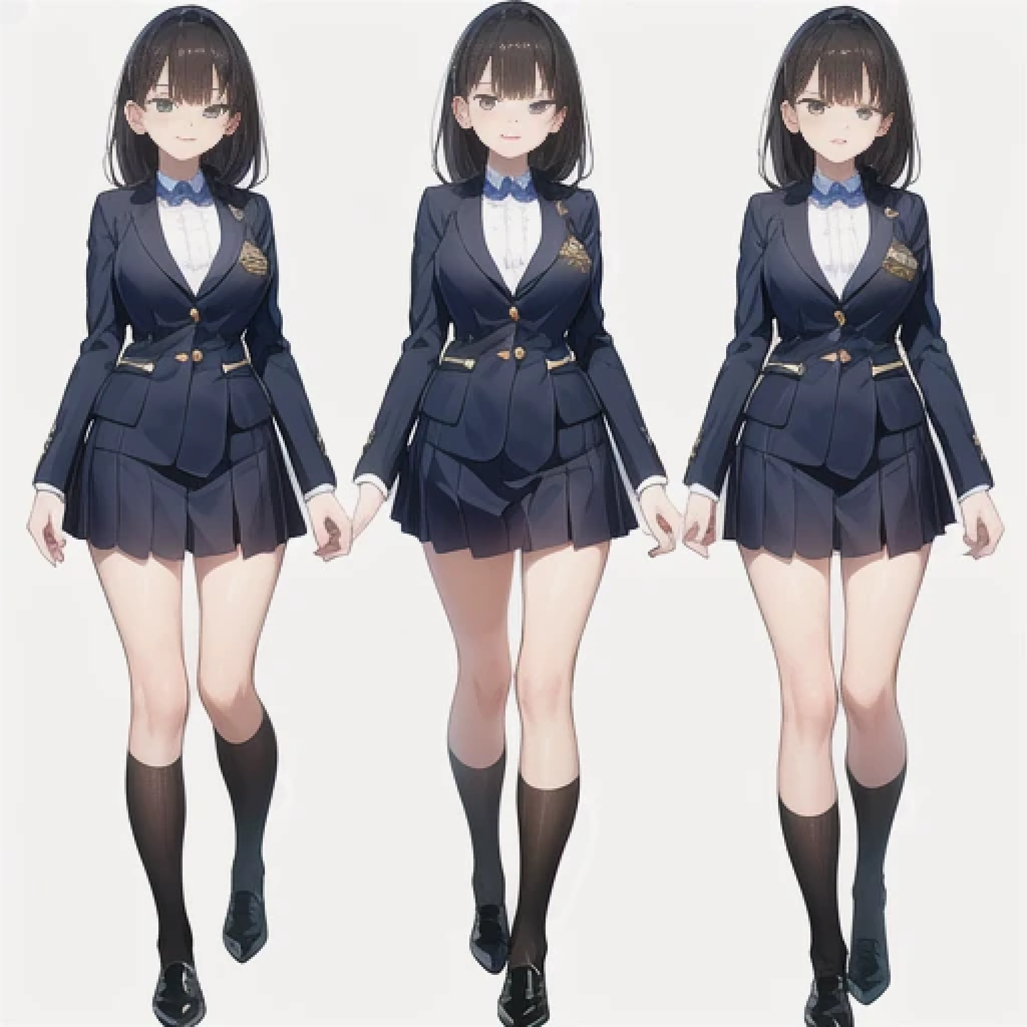 Original character sheet, Pose reference,In one pose. 8k,high quality, High resolution, 4K, hd,(Well designed face), Great face, (Very detailed), Beautiful Eyes, All images must be full body, A total of 3 images are required, Front view, Use manga style, All photos must be of the same girl, All sizes required,,uniform,high school girl,tie,8k,high quality, High resolution, 4K, hd,(Well designed face), Great face, (Very detailed), Beautiful Eyes, All images must be full body,,Thick thighs, (Japanese scholar&#39;s uniform), You must write the whole body,Anime Style,, You must write the whole body,