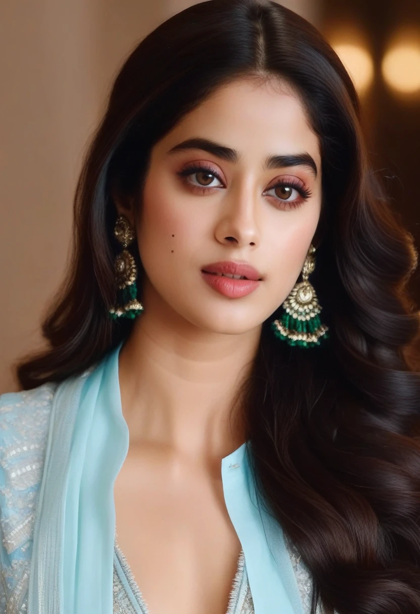 JanhviKapoor,  indoors background, (best quaity, 4k, ultra HD, sharp focus), beautiful face, erotic pose, realistic photo, ultrarealism, symmetric, attractive looks, sensual