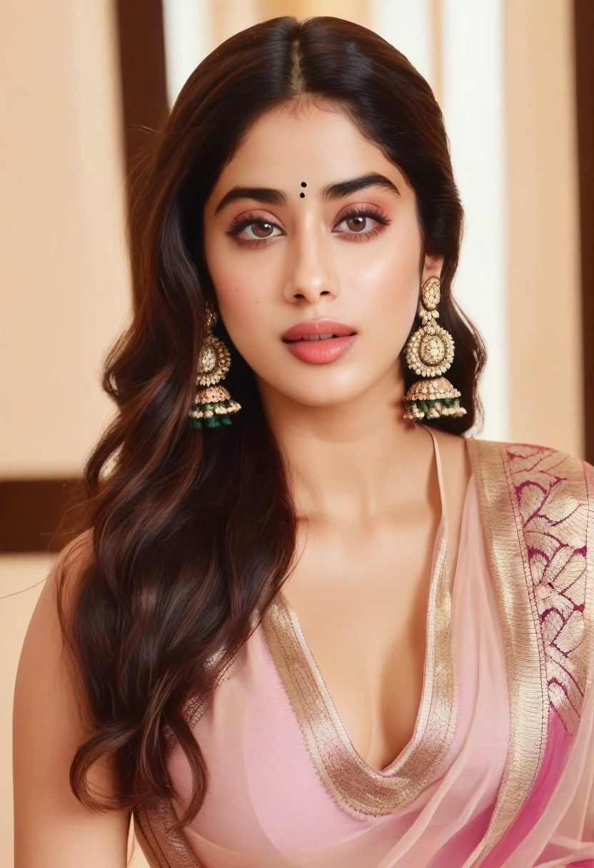 JanhviKapoor,  indoors background, (best quaity, 4k, ultra HD, sharp focus), beautiful face, erotic pose, realistic photo, ultrarealism, symmetric, attractive looks, sensual