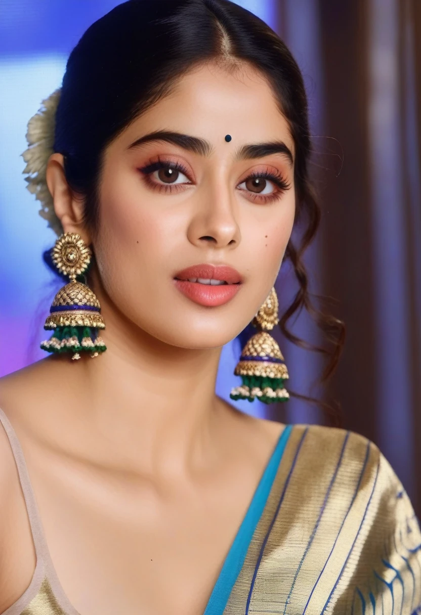 JanhviKapoor,  indoors background, (best quaity, 4k, ultra HD, sharp focus), beautiful face, erotic pose, realistic photo, ultrarealism, symmetric, attractive looks, sensual