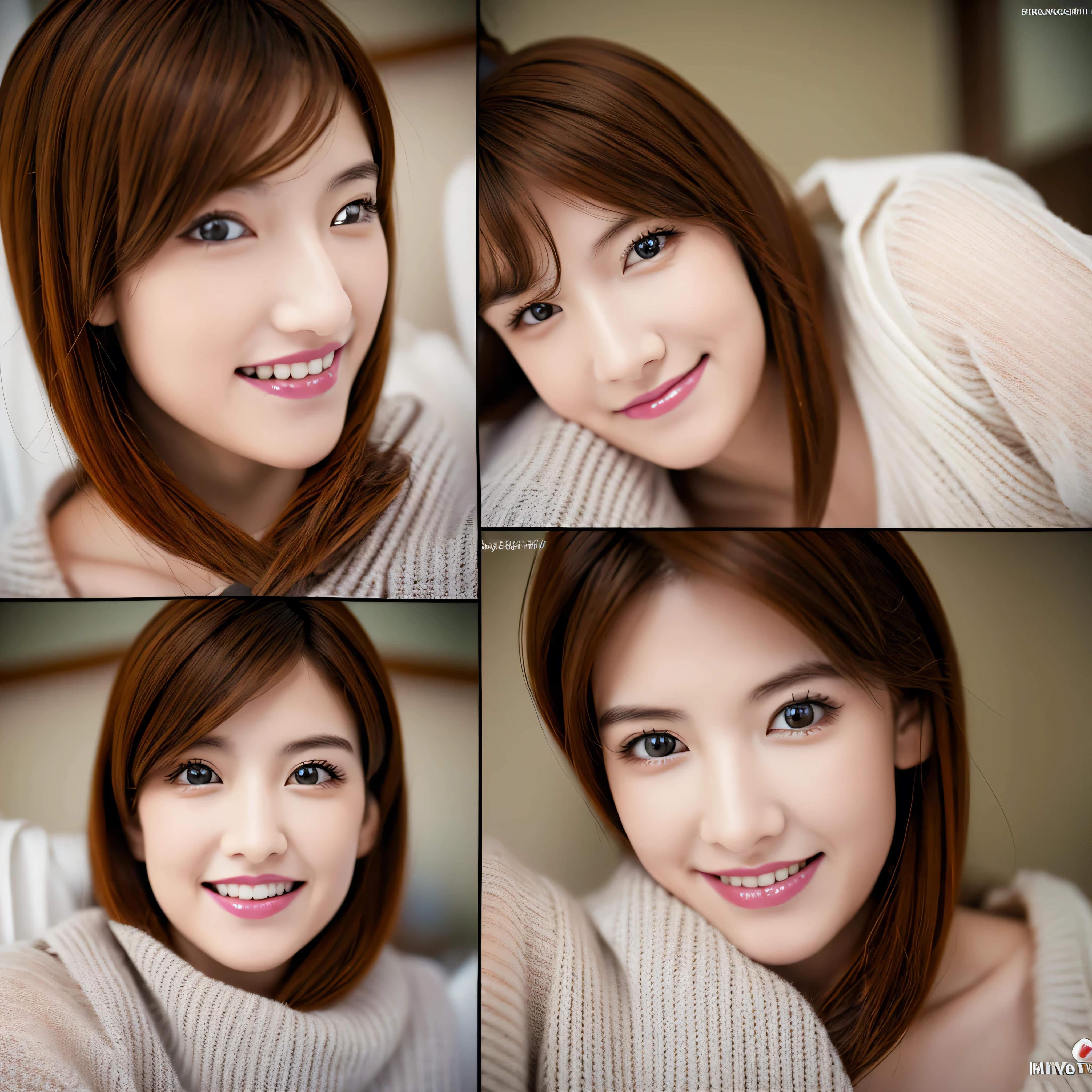 (masterpiece:1.3), (8K, Photorealsitic, Raw photography, Top image quality: 1.4), Japan high school girls、(Random hairstyles:1.2)、cleavage of the breast:1.2、Super Detail Face、Eye of Detail、double eyelid、Bring your chest together、sharp focus:1.2、prety woman:1.4、light brown hair、top-quality、masterpiece、超A high resolution、(Photorealsitic:1.4)、Highly detailed and professional lighting smile、Loose and light knitwear、Shoulder out、slender、serious facial expression、short-haired、Fatal position