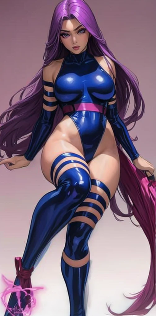 Psylocke with big breasts and long beautiful legs is standing with her eyes wide open and blushing.。Both legs spread out to the side。