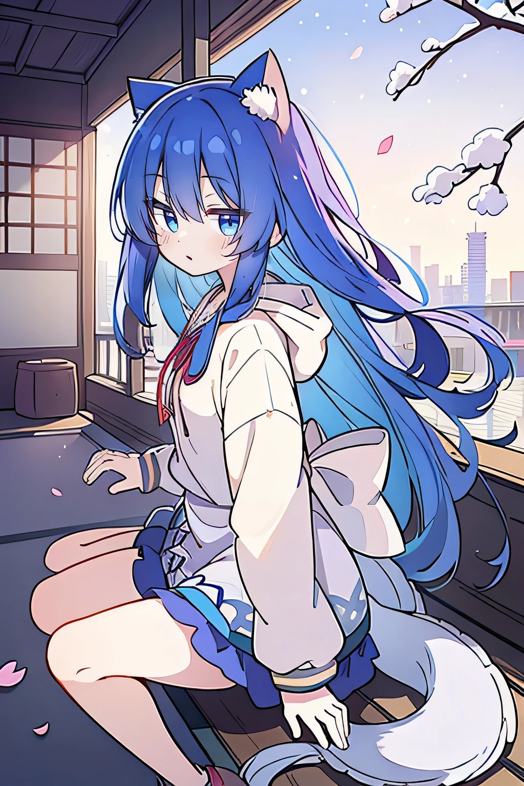 (masterpiece:1.2),Super detailed,lifelike,Expressive eyes,fair skin,perfect face shape,1 girl,
Japanese comics,Gorgeous blue hair,flowing blue hair,flowing clothes,Cat ears,Petals fall,beautiful lola,Baby Angel,sunrise,
Cross your legs,Gentle and peaceful background,The pavilion is cool and comfortable,smile, wearing hoodie, background of tokyo,back views,snowing, winter.