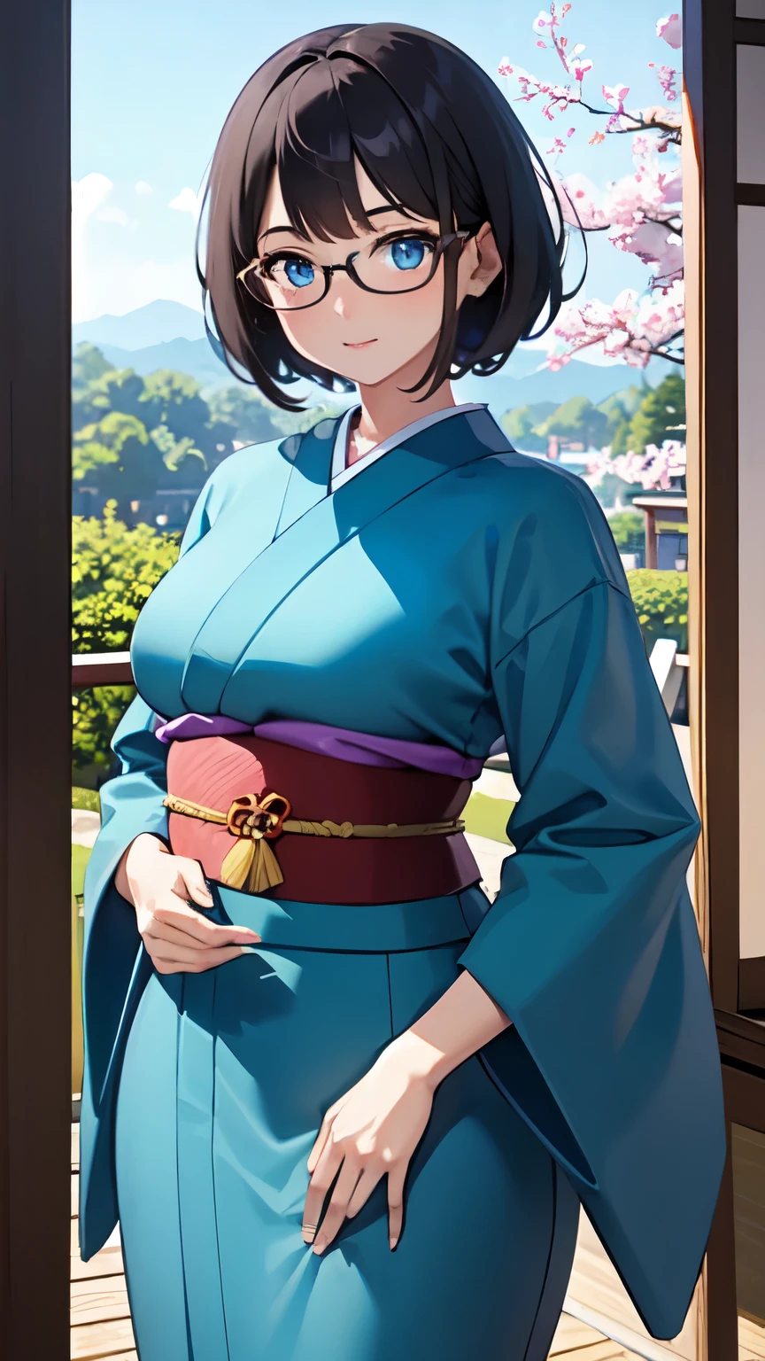 1Lady, hime cut , blue eyes, glasses, kimono, traditional japanese, high res, ultrasharp, 8K, masterpiece, looking at viewer, sunny, Japanese scenery
