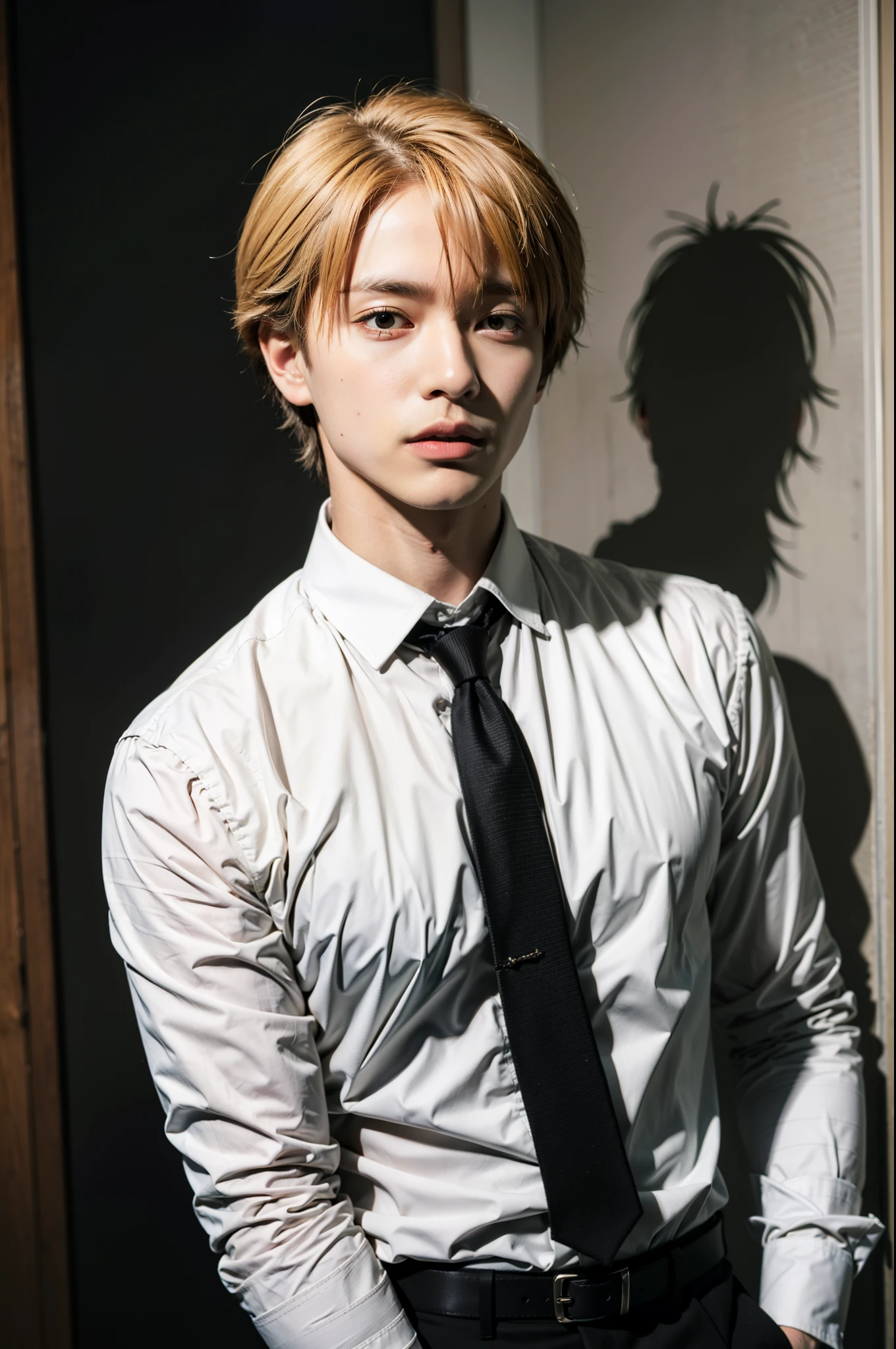 White collared shirt, Black tie, Black pants, Formal, masutepiece, Best Quality, High quality, 1boy, Solo, Male Focus, Looking at Viewer, Upper body, Denji, Realism, a blond