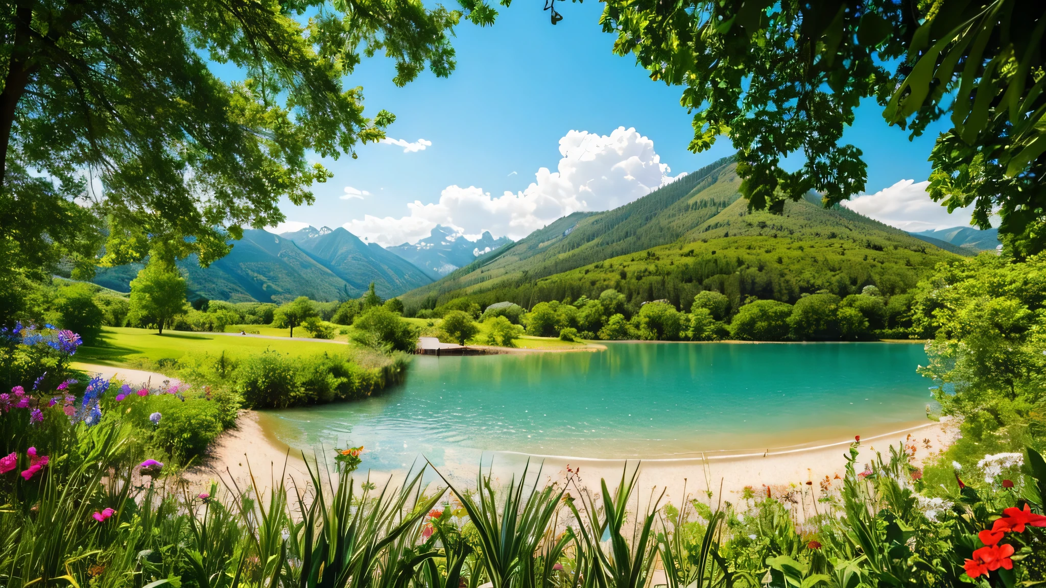,masterpiece, best quality,8k, ultra highres,Reallightandshadow,Cinema lenses,On screen,A lake is like a mirror embedded between the valleys。The turquoise waters of the lake are crystal clear,Reflecting the surrounding scenery。Surrounded by mountains,The mountains rise and fall,dense with greenery,It adds a bit of life and mystery to the lake。The meadows by the lake are filled with colorful flowers,A fragrant aroma fills the air。