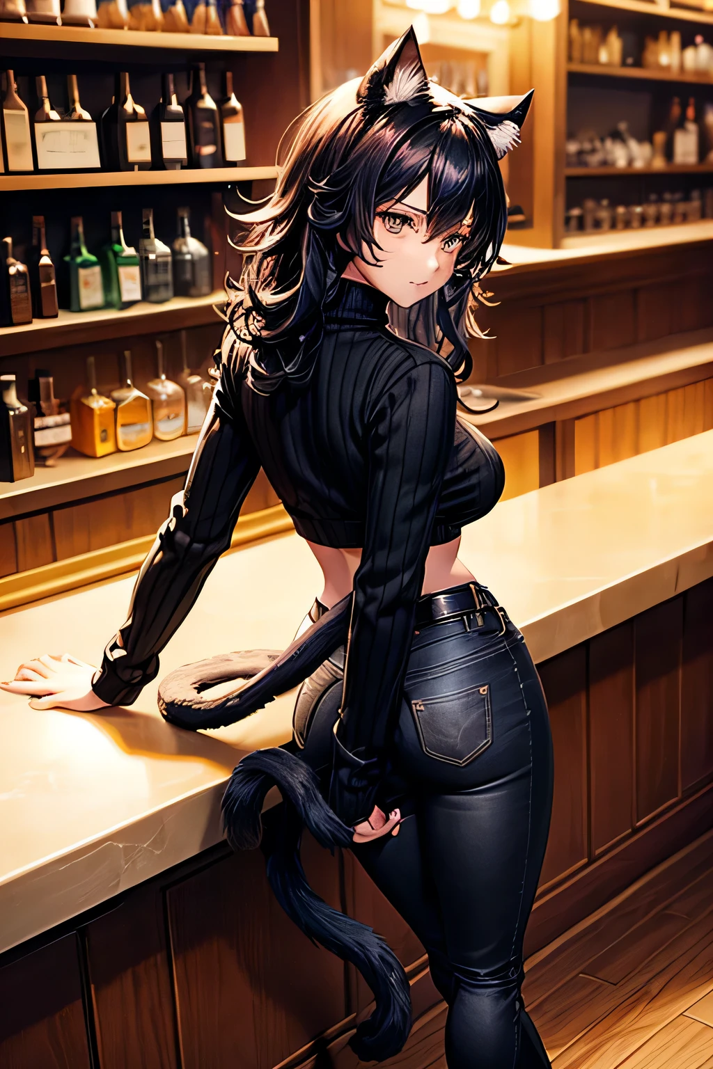 Background of a bar counter, high perspective, black fluffy hair, cat ears and tail, looking back, black jeans, black turtleneck sweater, leaning on bar counter, full body, dim lights