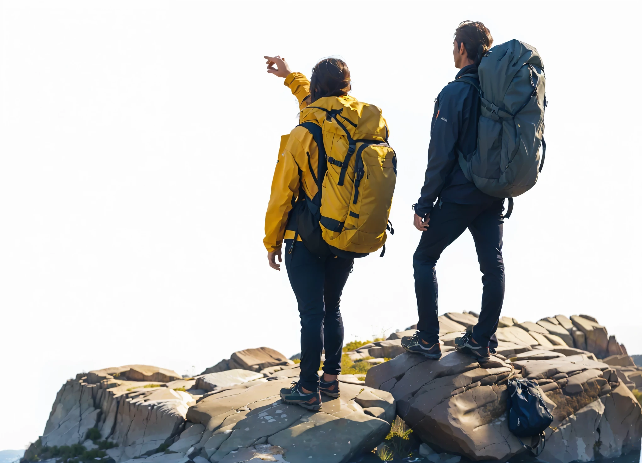 woman and man standing on a rock with backpacks on, explore, hiking clothes, traverse, humans exploring, man and woman walking together, no surroundings, exploration, head-to-shoulder, guide, climbing, a picture, explorers, adventuring, towering over your view, instagram post, natgeo, color picture, ad image, far view, national geographic quality