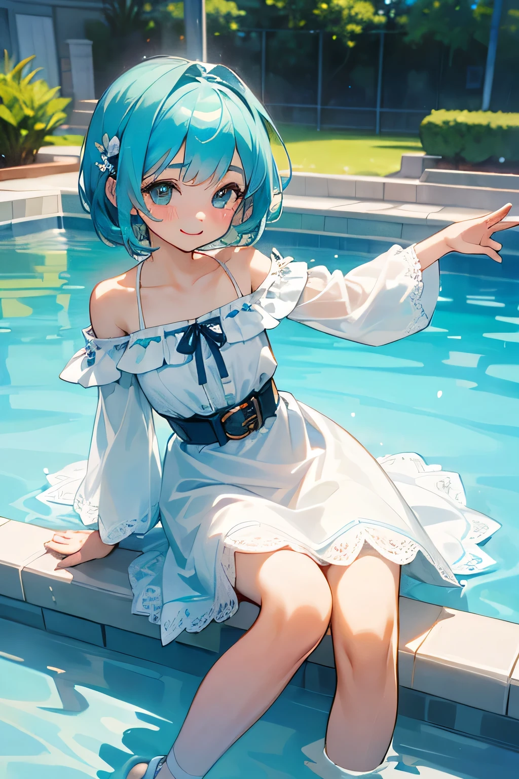 highest quality、High resolution、Detailed Background、(Beautiful face in every detail:1.4)、Anatomically correct、(Detailed facial expressions)、(Detailed eyes:1.2)、(Detailed eyes:1.2)、 beauty、(Highly detailed face:1.4)、Cute color hair color、Bobcut、well-groomed eyebrows、In a joking manner、A big smile、Cute gestures、Fit on one screen、Pools and other water play spots、(Three beautiful girls:1.5)、

Splashing and floating in the water、Smiling and chatting with friends by the pool、
Children are happily swimming on swim rings and pool toys floating in the center of the pool.、
The splashes of water and bright expressions create a sense of vitality and fun.、
Stand on the edge of the pool and jump with your friends, holding hands、
It expresses the lightness of floating in the air and the sense of unity through smiles.、
sitting on the edge of the pool with feet in the water、
Her facial expression and the surrounding landscape convey a sense of relaxation and comfort in nature.、
Water gun and water balloon fights in the pool、By depicting scenes of splashes, smiles and friendship, we express memorable fun times.、Expressing a lively scene by depicting the transparency, brightness and joy of water、

A white dress with a knee-length flared skirt brings out your femininity.、
A ribbon or belt around the waist will make it even cuter.、
The white dress with lace design gives an elegant and sophisticated impression.、
Lace on the sleeves and chest will add a more glamorous touch.、
This white dress with a loose silhouette and natural texture is perfect for a bohemian style.、Floral prints and embroidery give off a refreshing summer vibe.、
This simple and sporty white mini dress is perfect for active teenage girls.、The casual design goes well with sneakers and sandals.、
A white dress with off-the-shoulder and frills will accentuate your femininity while also creating a cute look.、It also has the effect of making your shoulders and décolleté look beautiful.
