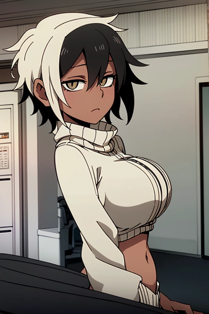 short messy hair, white hair (masterpiece), best quality perfect face beautiful girl, feminine, defined curves, cinematic, aesthetic, shadows, gorgeous, amazing, 1girl, dark skin, best quality, expressive eyes, (black eyes:1.3) ringed eyes, midriff, white turtleneck sweater, long sleeves, black panties, in bedroom