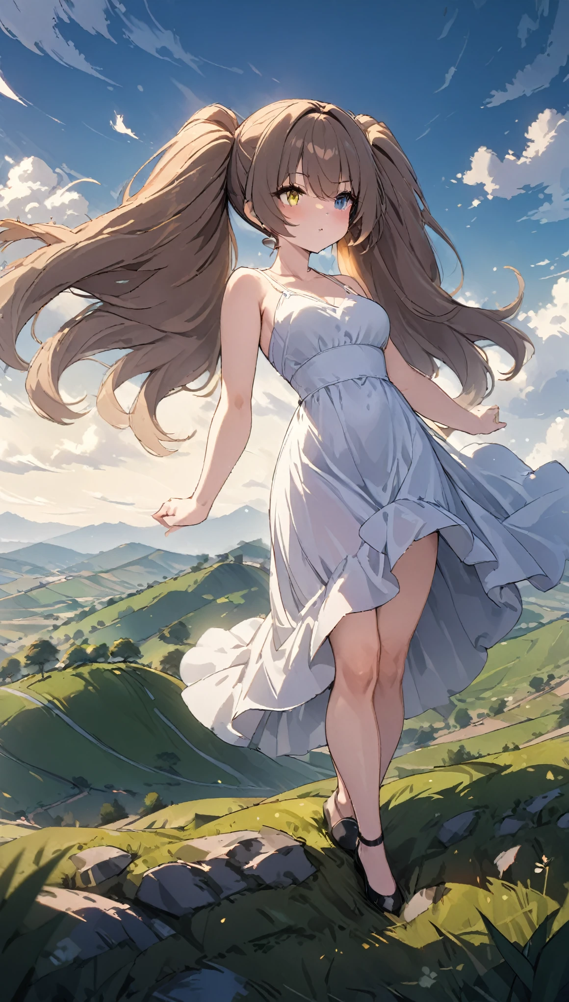 (((masterpiece, highest quality,8k))),Twin tails,Brown Hair,medium hair,(heterochromia green eye yellow eye),(looking away),(full body wide shot),shoot from below,White dress,long dress,Hair blowing in the wind,Standing on a windy hill,Brush your hair back