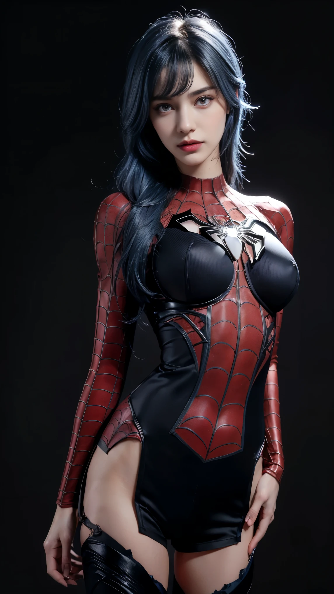 8K, Top Quality, Intricate Details, Ultra Detail, Ultra High Resolution, Masterpiece, close up shot, Slender,, ((Full body )), (Makeup: 0.4), (), , looking at viewer, ((full body)), 1girl, solo, 1 girl, (( )), , , ((tall)), (((fit body))), (((slim face))), sharp face , smile, (( blue hair, bangs, long hair )) , (detailed face), sharp face, small lips, standing, feminine pose, , show belly ,, , ((spiderman suit)), , ((detail belly )), detail fingers, detail hands, detailed face, detailed breast, huge breast, Narrow Waist, Skinny, slim, 195 cm tall , Muscular, Navel, Exposed Abdomen, Pointed Ches , large breast, , , Beautiful girl with accentuated slender abs: 1.4, Six Pack Abs: 1.4, Bust Botox,, Perfect Body, (( dark background)), black background,