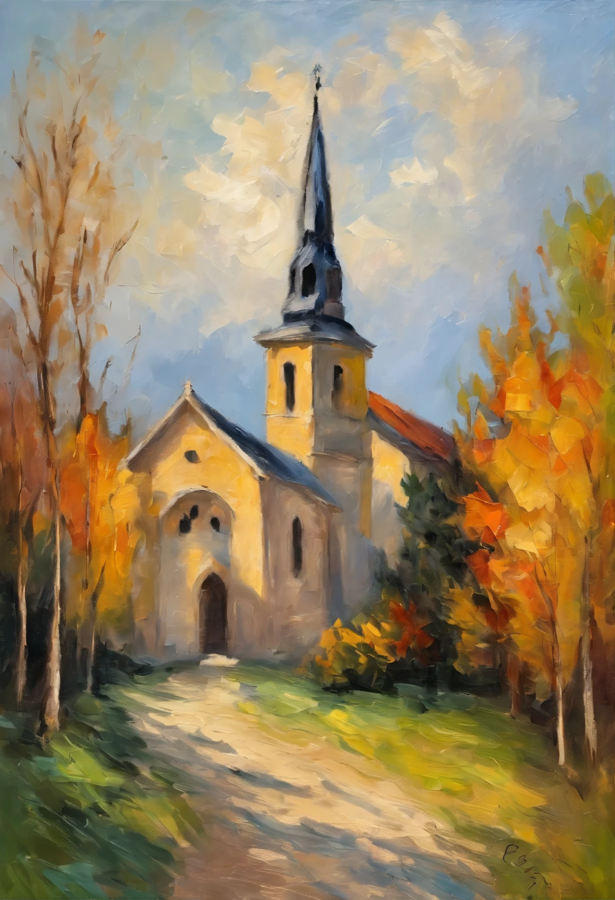 Claude Monet style,Church in the sun, Soft light and shadow, Bright colors, Blurred details, Sky clouds, Surrounded by trees, Ancient buildings, Feeling, Peaceful atmosphere