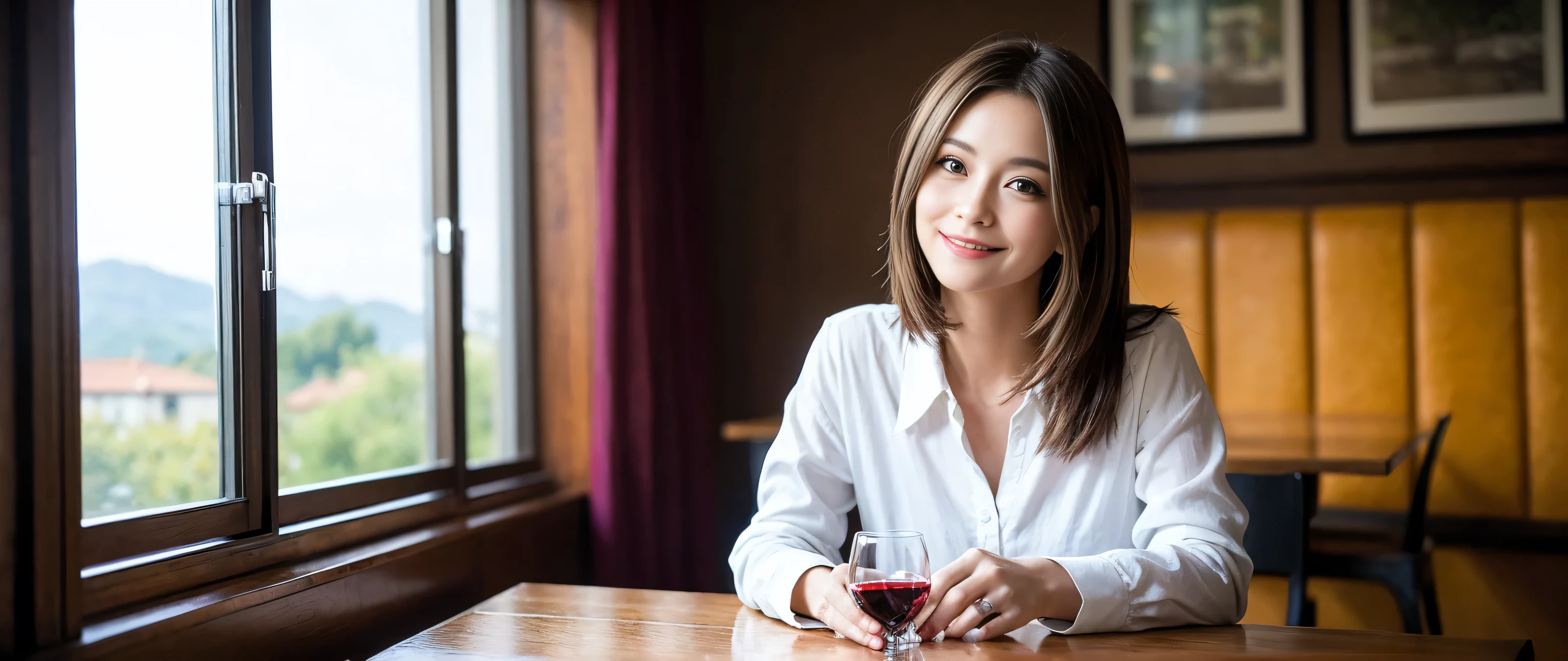 ((highest quality、8k、masterpiece:1.3))、Couple、couple、Lovers、Slim body、((Bob Hale、Straight hair:1.2))、(to be born, highest quality, masterpiece:1.5), (Realistic, Intricate details:1.2), Wine glass on the table、Shine light on your face、 Amazing view of the sunset sky and clouds、Amazing mountain views、A bright smile、A lovely woman with a smile、Bright image、2. The beauty of wine, Beautiful Face, blue eyes, The light shines on your face, Blushing, short hair,Bright Face、Fox face、 (43 years old), 39 years old, Lady、red wine 、Appetizers、Italian food、Wine bottle、Champagne、sparkling wine、Two beauties、Brown Hair、Shortcuts、Long sleeve shirt、dress、Pretty Woman 1, (Slim face), (The body is slim), (Brown Hair), (Shortcuts), cheeks turn a little red,Attractive beauty、, Out of the window, A beautiful and detailed night view unfolds.........., restaurant, In a prominent place (From the waist up) Nova Frog Style, actress, model, Upper Body, White wine, slim, wine glass, A wine glass placed in the middle, smile, (smile: 1.15), Beautiful fine grain, Depth f/2,saturation, High Contrast, Strong light and shadow,Moist Body:1.5、3D texture、Delicate eyes、Brown Hair、The hair is very shiny、